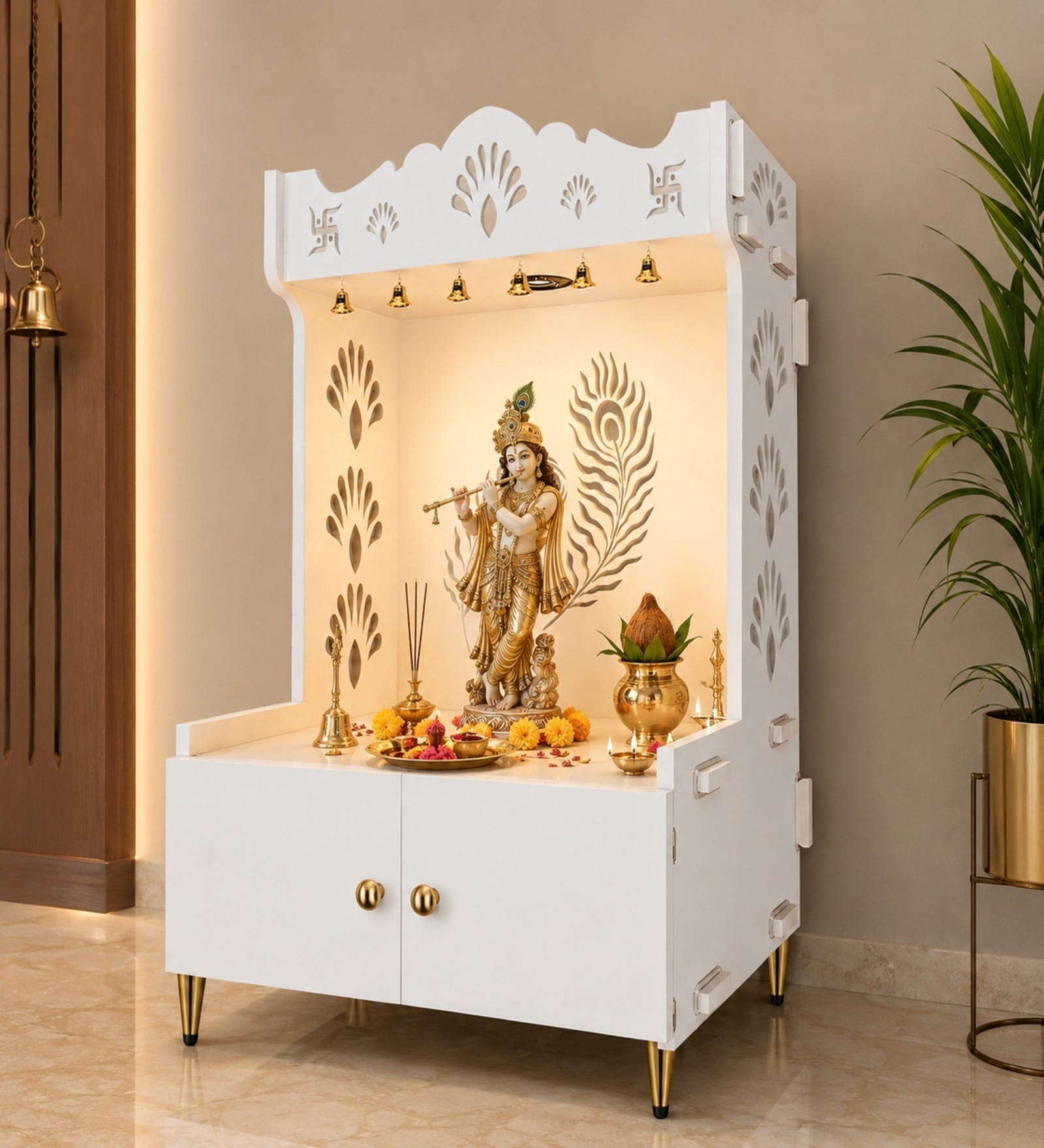 White Finish Art of Mor Pankh Floor Temple with Spacious Wooden Shelf & Inbuilt Focus Light