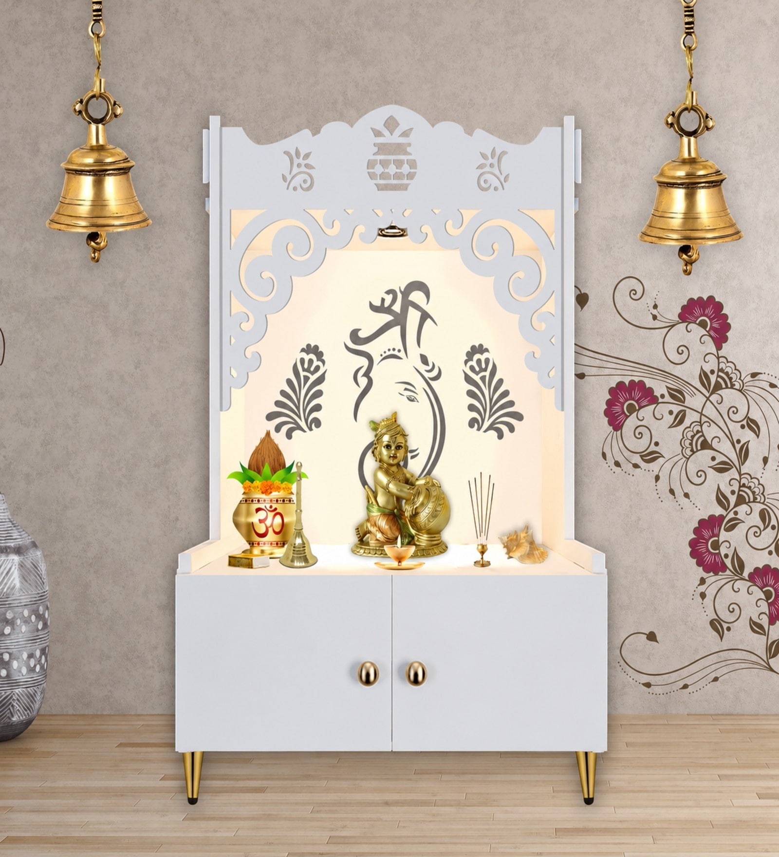 White Finish Beautiful Design of Shri Ganesh Floor Temple with Spacious Wooden Shelf & Inbuilt Focus Light