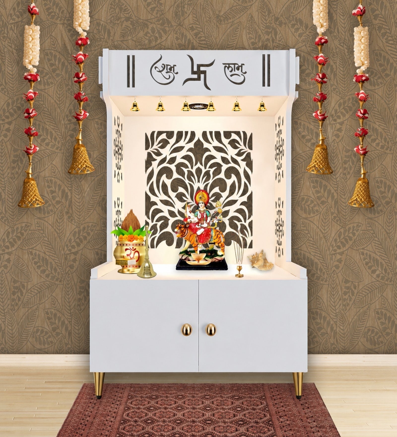 White Finish Designer Intricate Jali Design Pattern Floor Temple with Spacious Wooden Shelf & Inbuilt Focus Light