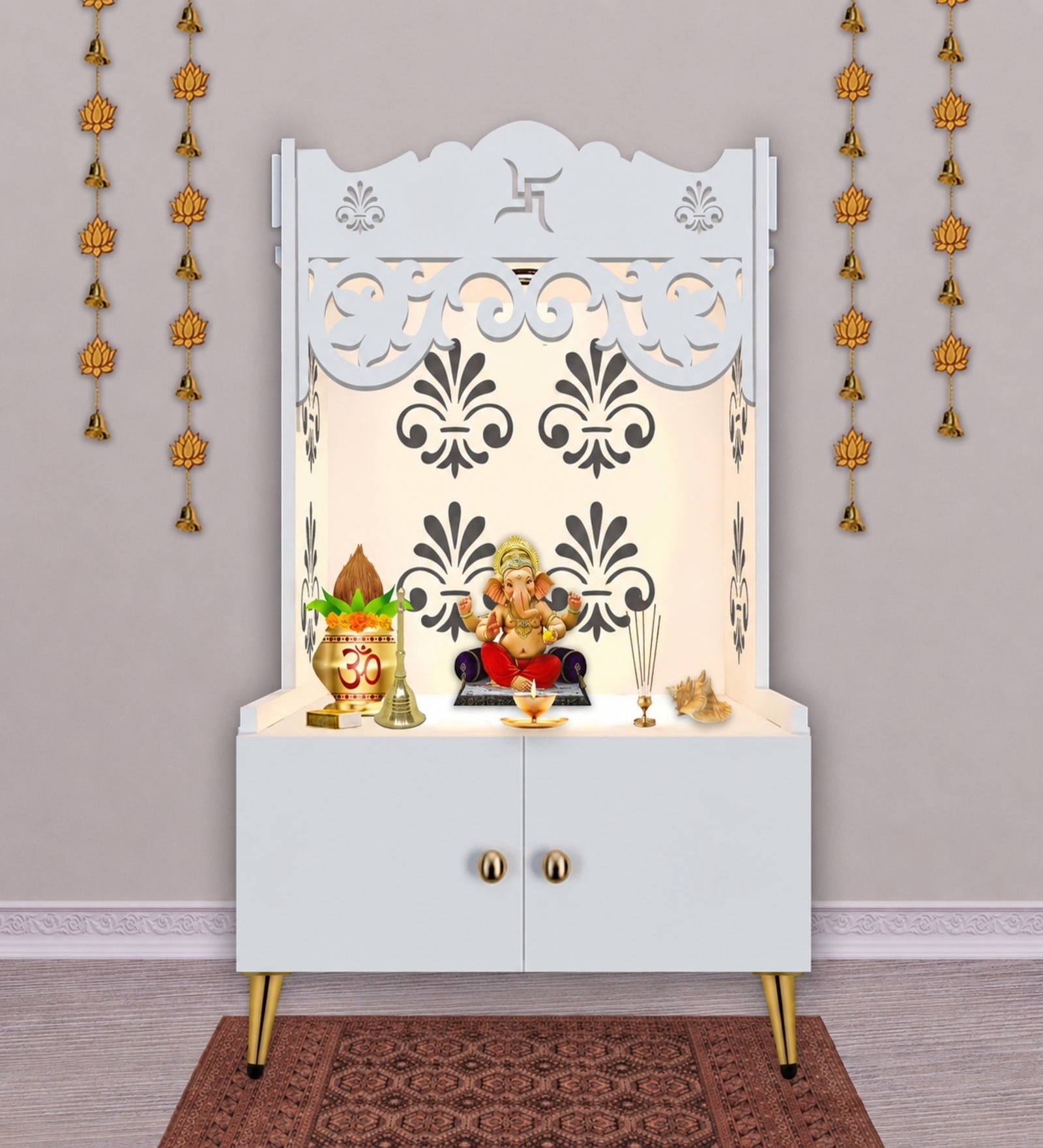 White Finish Floral Designer Pattern Floor Temple with Spacious Wooden Shelf & Inbuilt Focus Light-