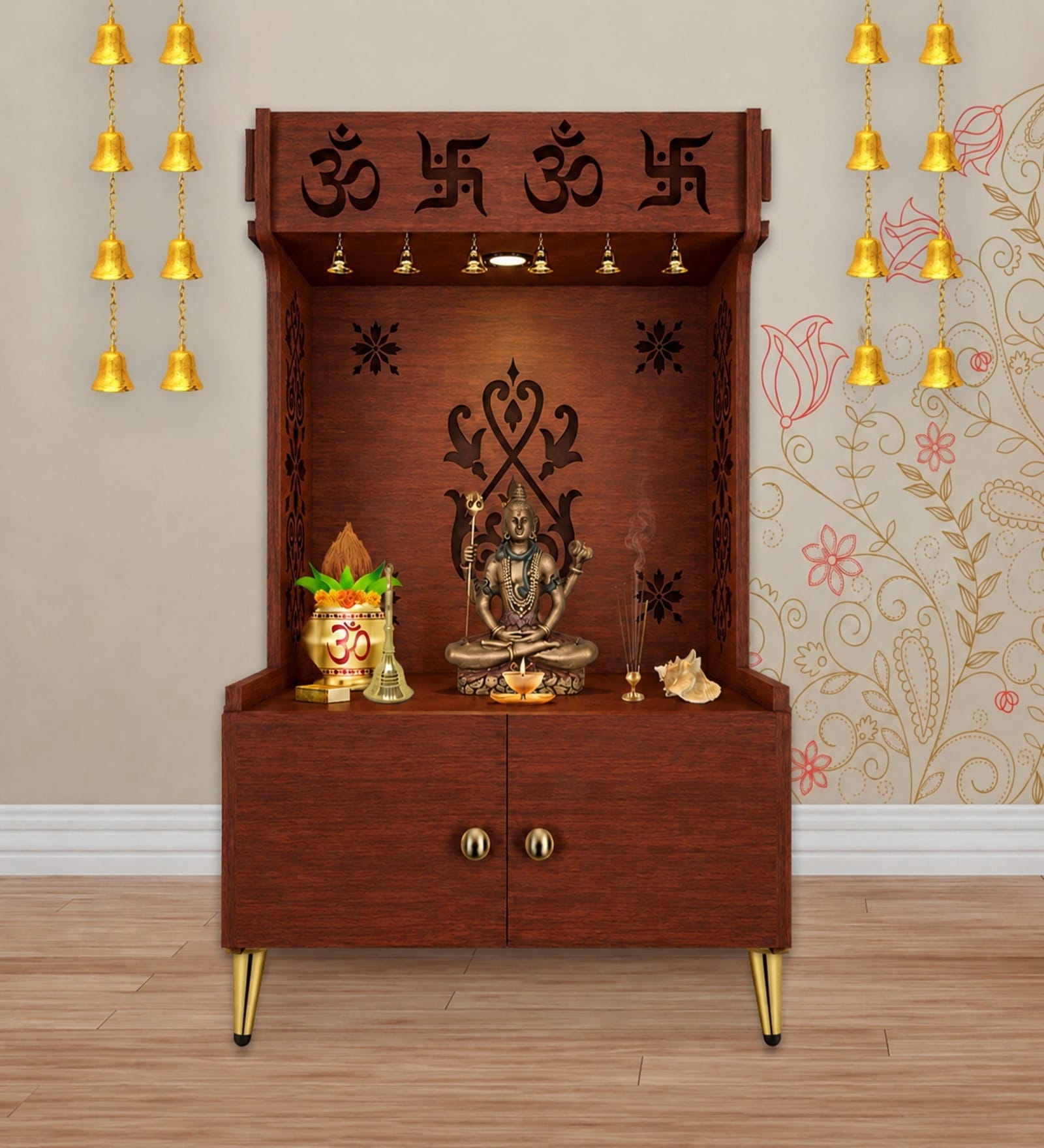 White Finish OM Swastika Symbol of Hindu Religious Floor Temple with Spacious Wooden Shelf & Inbuilt Focus Light