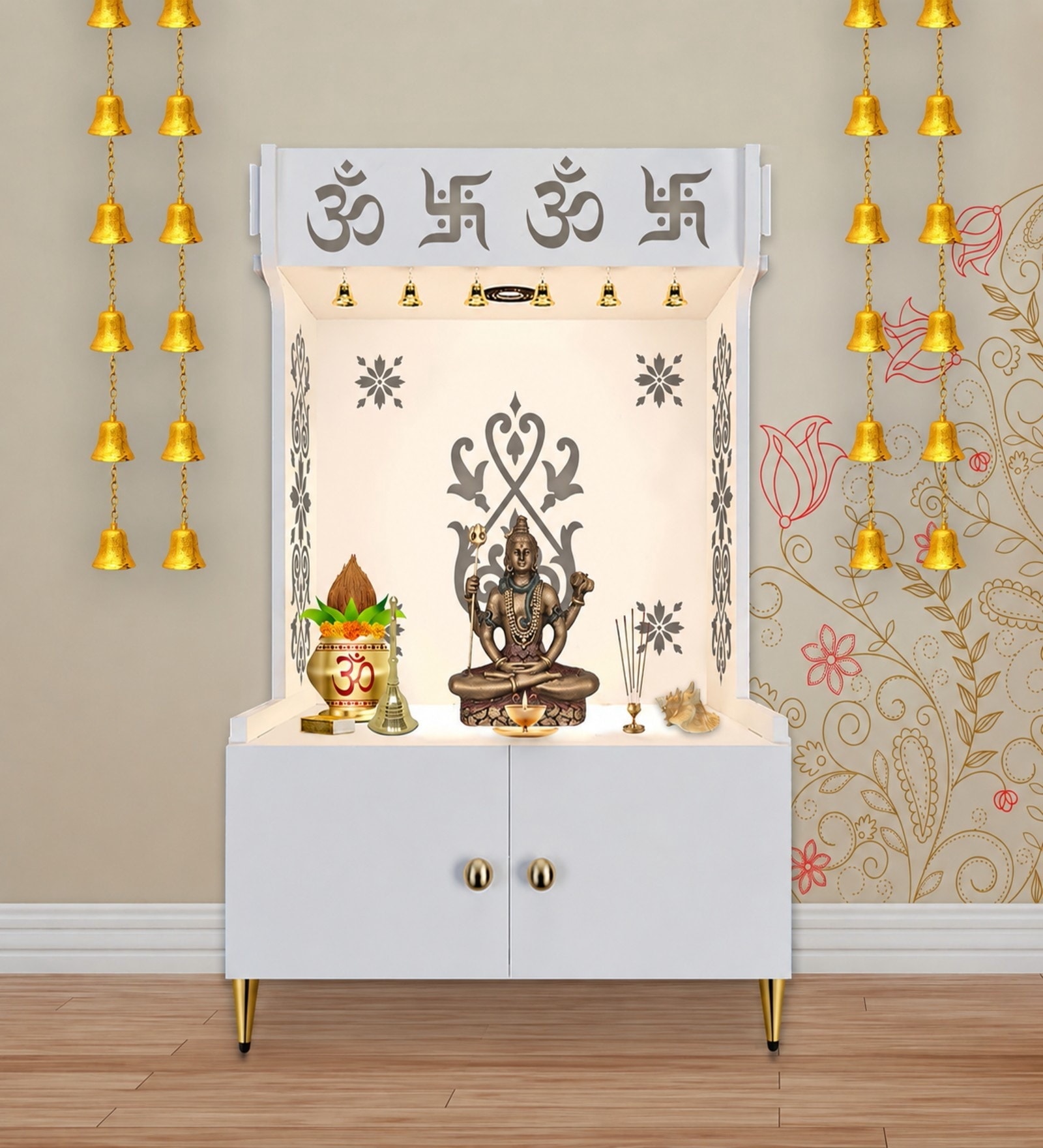 White Finish OM Swastika Symbol of Hindu Religious Floor Temple with Spacious Wooden Shelf & Inbuilt Focus Light