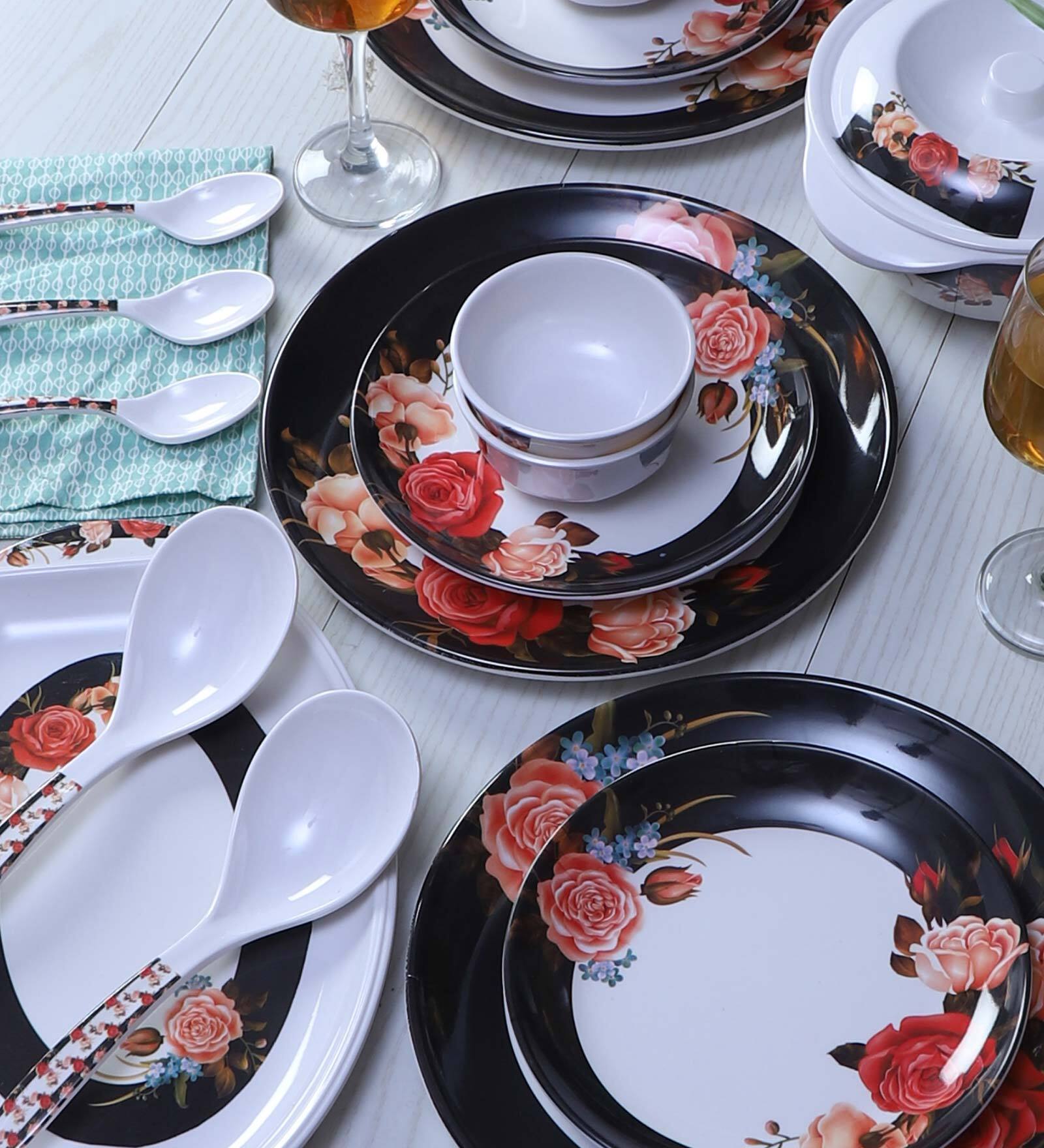Floral 40 Pcs Black & White Melamine Dinnerware Set