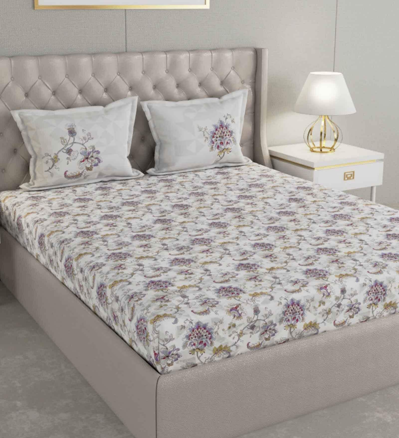 White Floral 144 TC Cotton Queen Sized Bed Sheets with 2 Pillow Covers