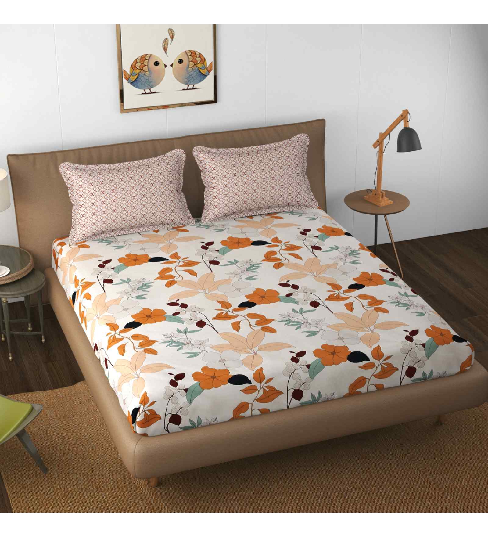 White Floral 144 TC Microfiber Queen Sized Bedsheet Bedsheet 2 Pillow Heaven Collection