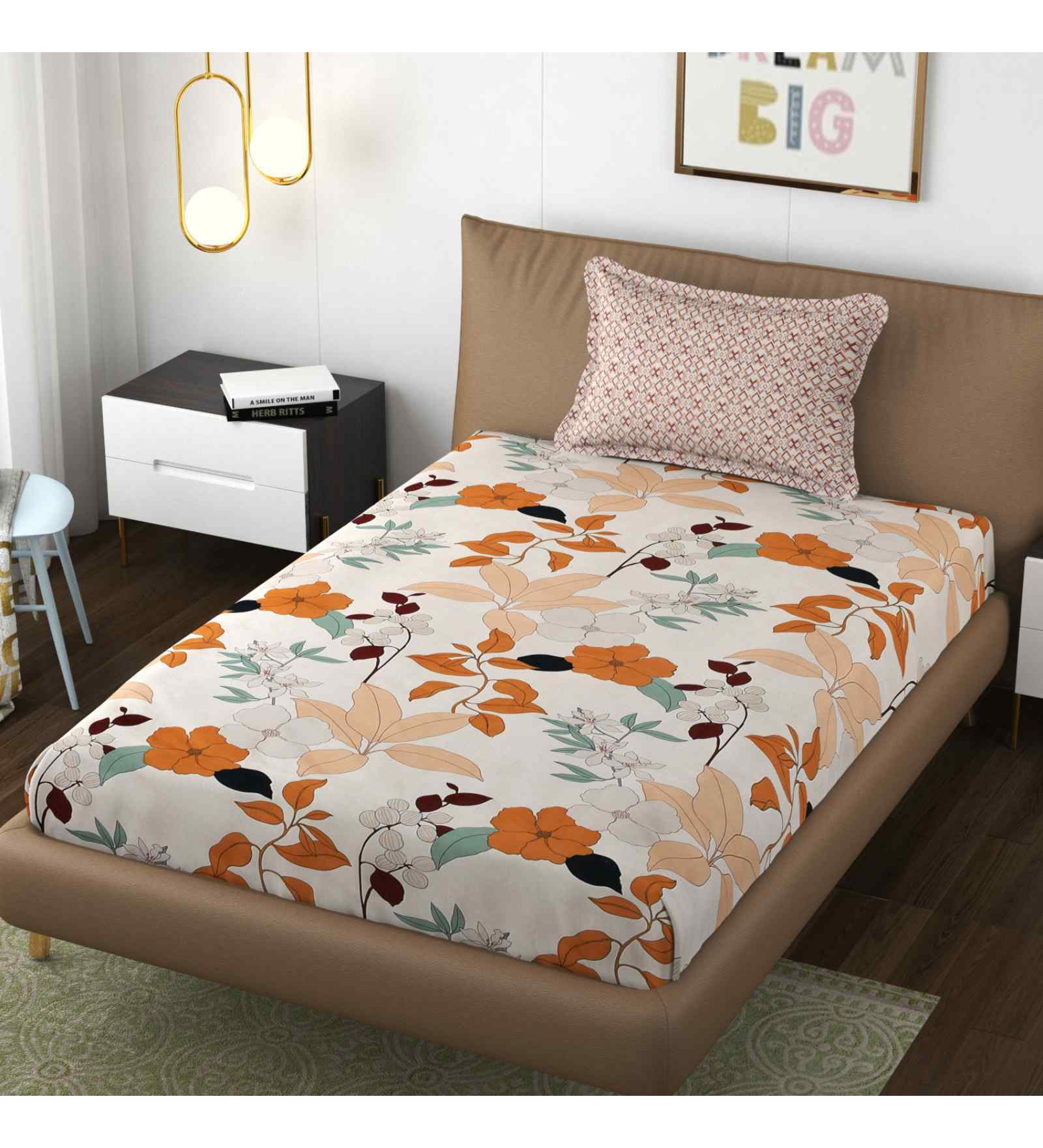 White Floral 144 TC Microfiber Single Bed Sheet Bedsheet 1 Pillow Heaven Collection