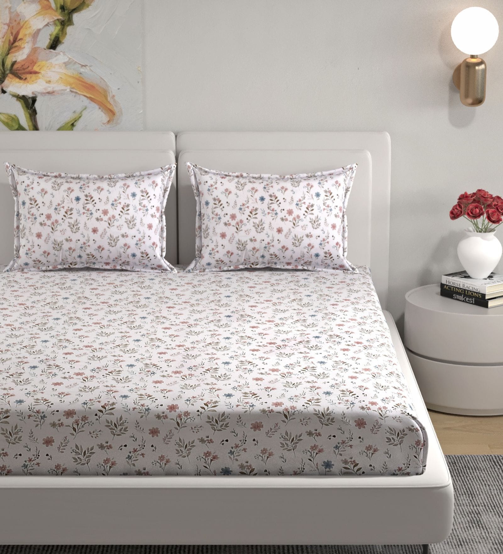 White Floral 180 TC Cotton King Bedhseet 2 pillow covers