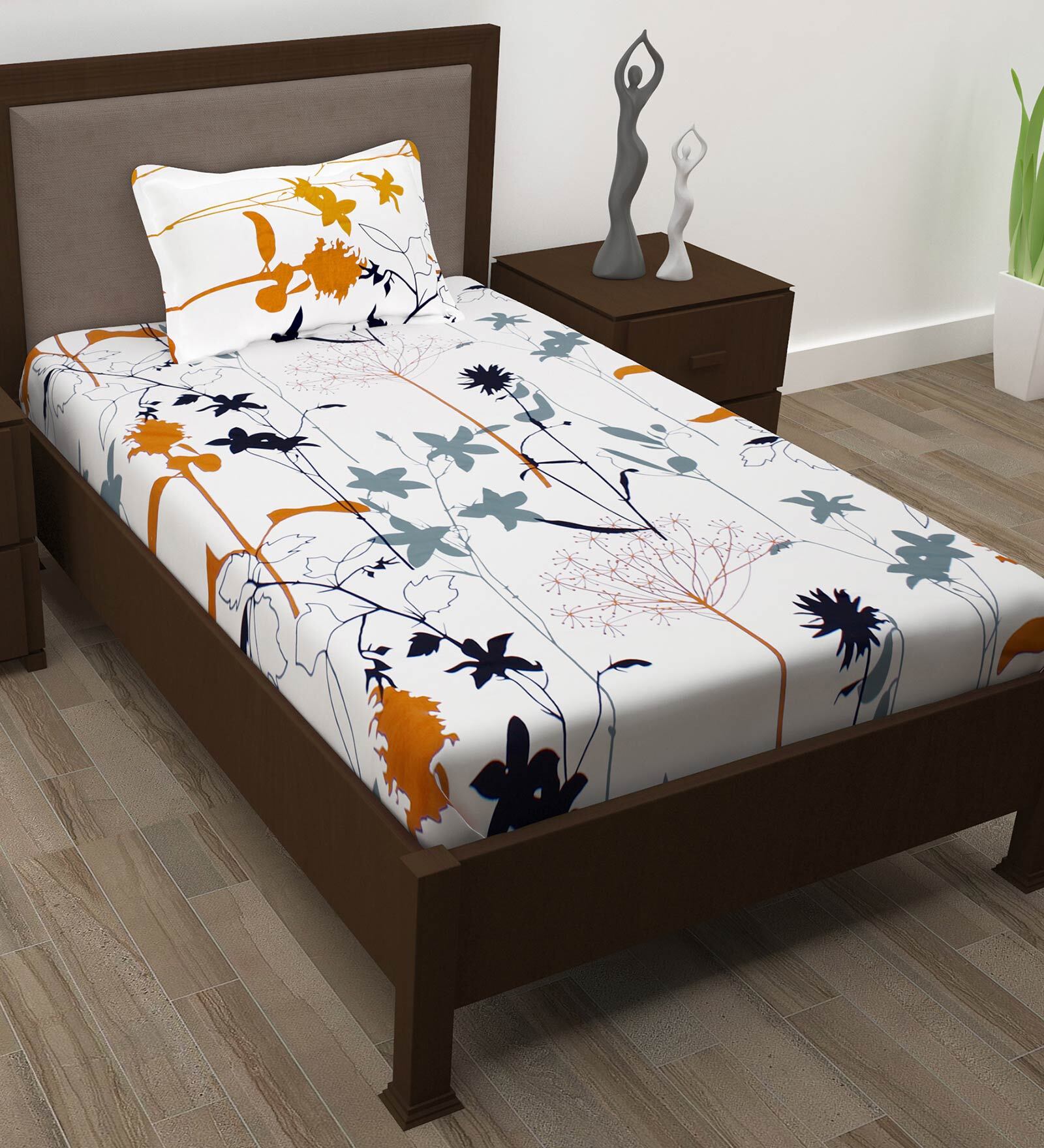 Buy White Floral 186 Tc 100 Cotton Single Bed Sized Bed Sheets With 1