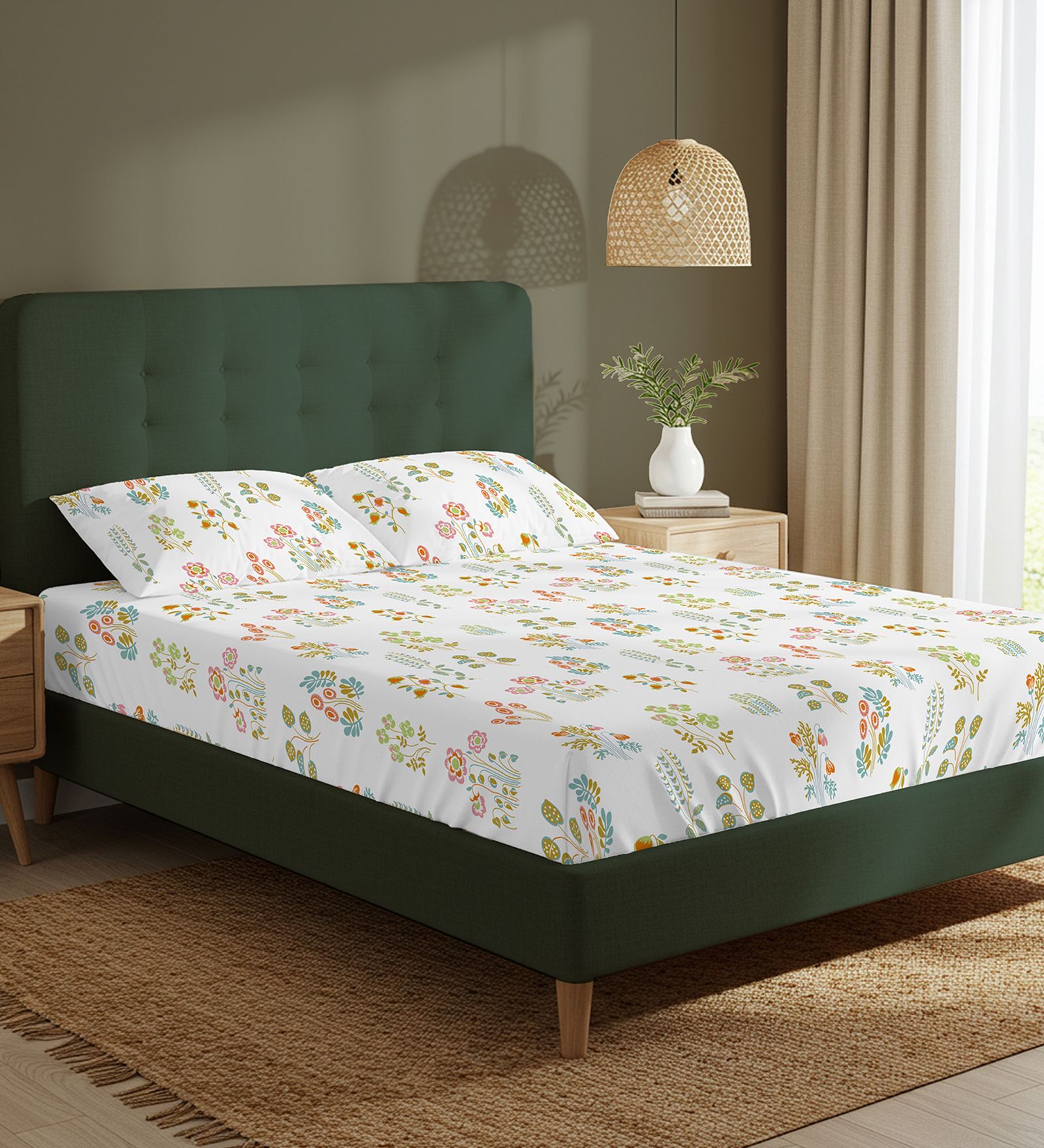 White Floral 200 TC Cotton Double Bedsheet with 2 Pillow Covers