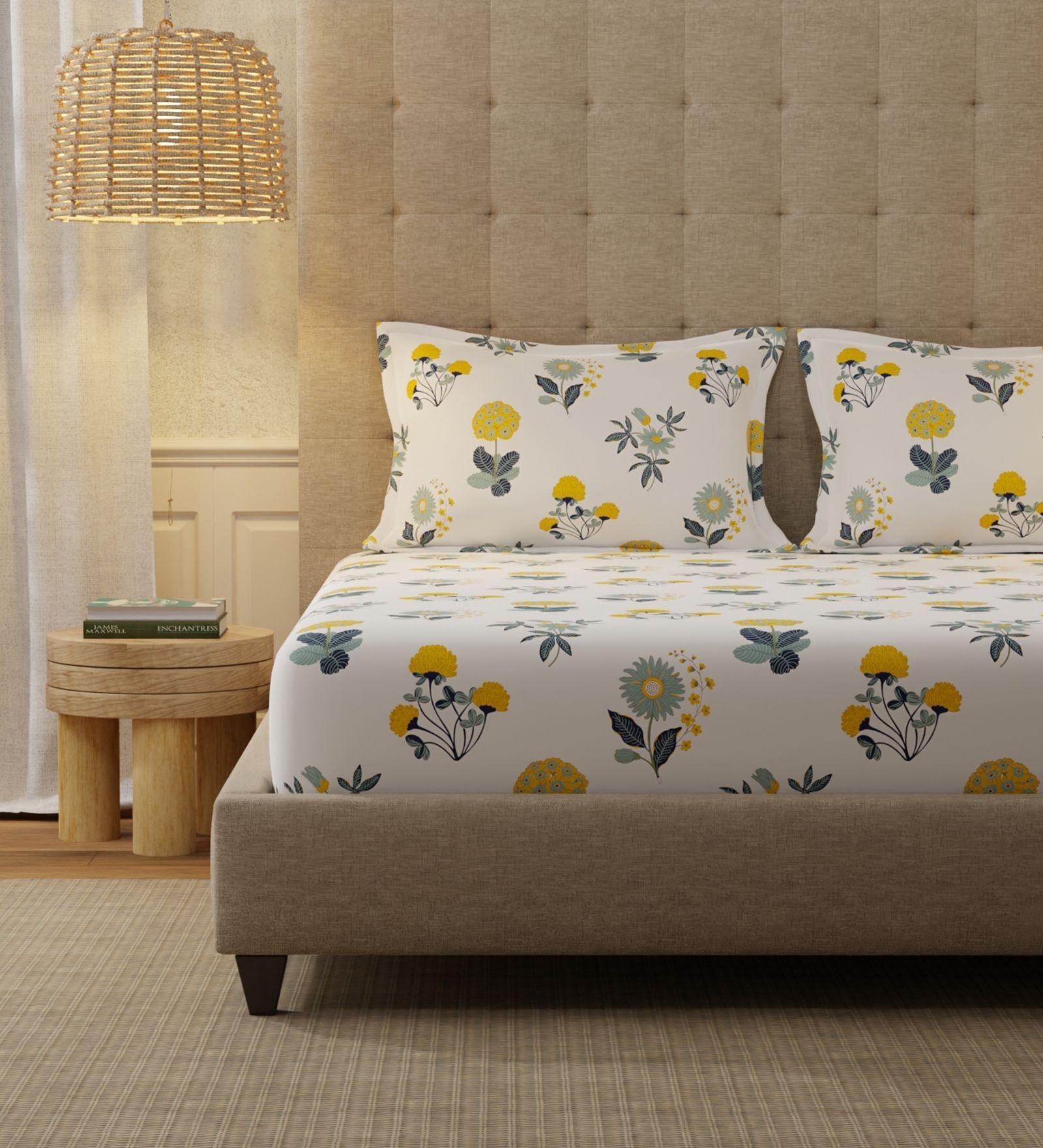 White Floral 200 TC Cotton Double Bedsheet with 2 Pillow Covers