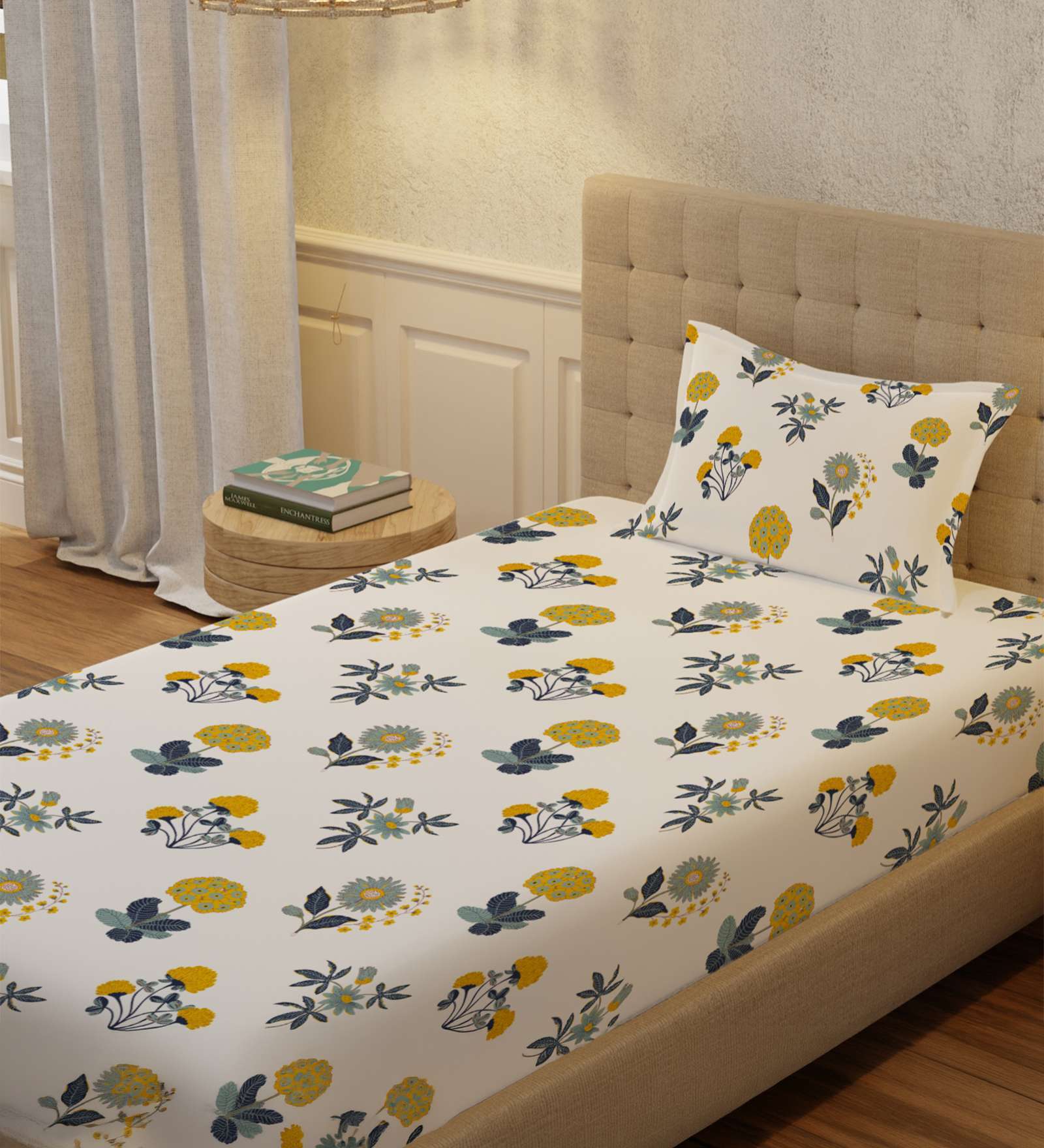 White Floral 200 TC Cotton Single Bedsheet with 1 Pillow Cover