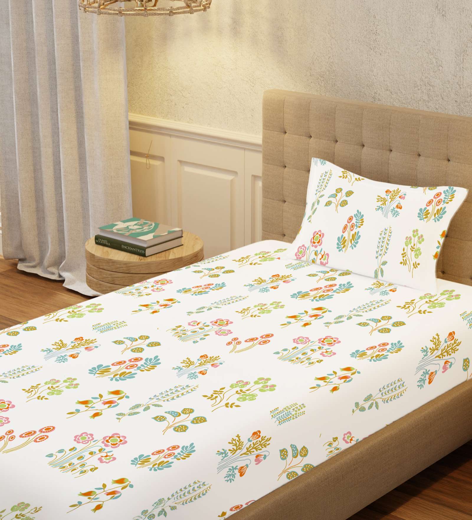 White Floral 200 TC Cotton Single Bedsheet with 1 Pillow Cover