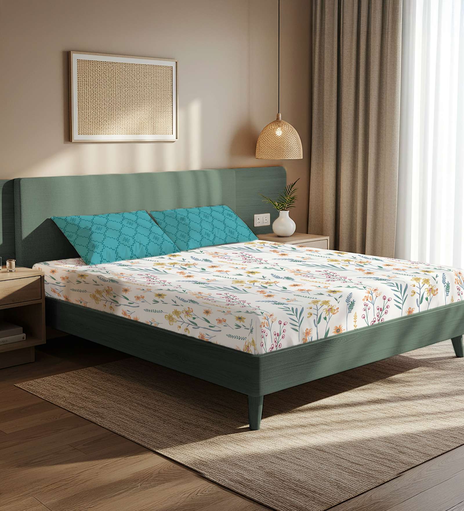 White Floral 200 TC Microfiber Double Bedsheet with 2 Pillow Covers