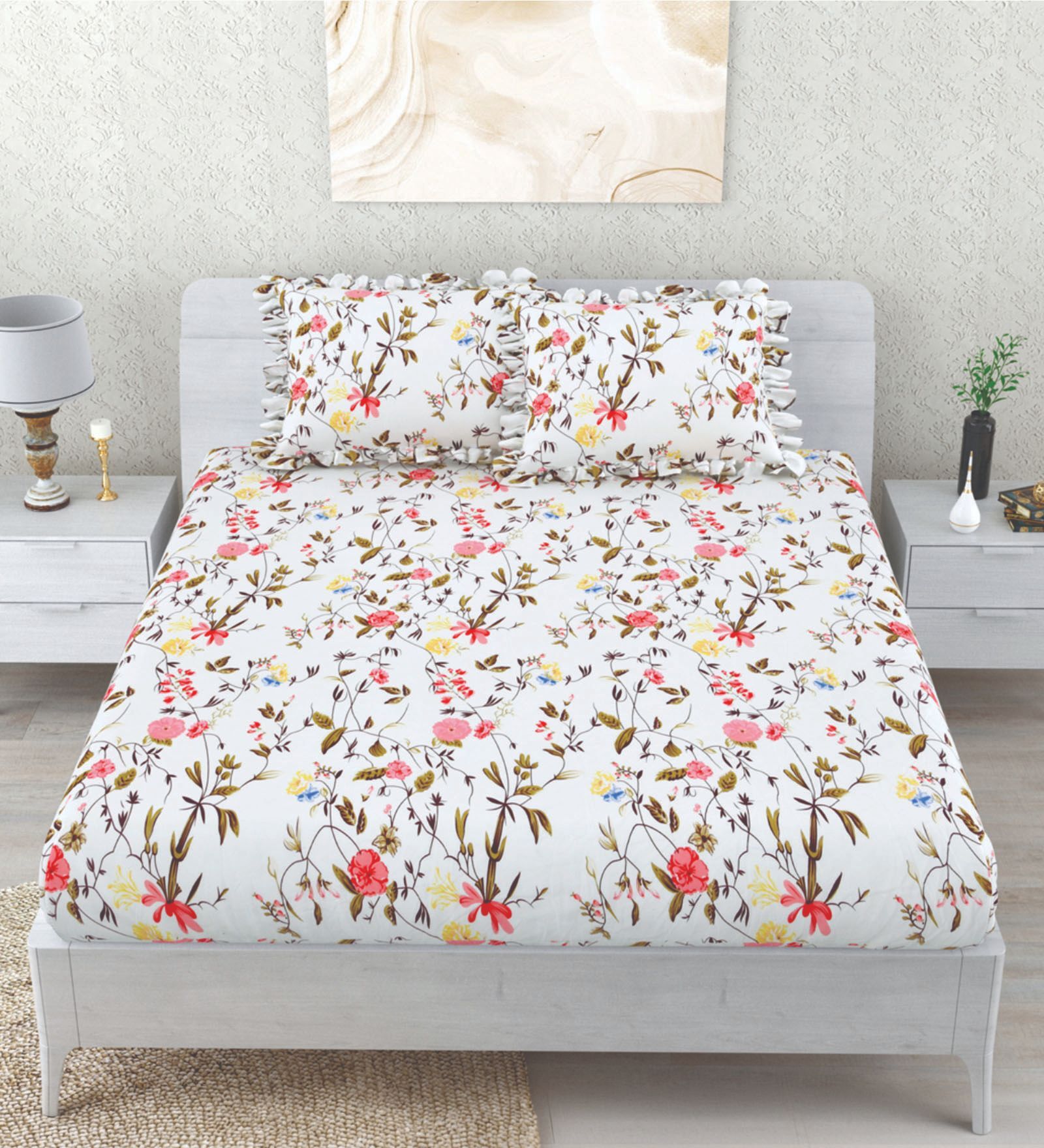 White Floral 260 Tc Polycotton Double Fitted Bedsheet With 2 Pillow Covers