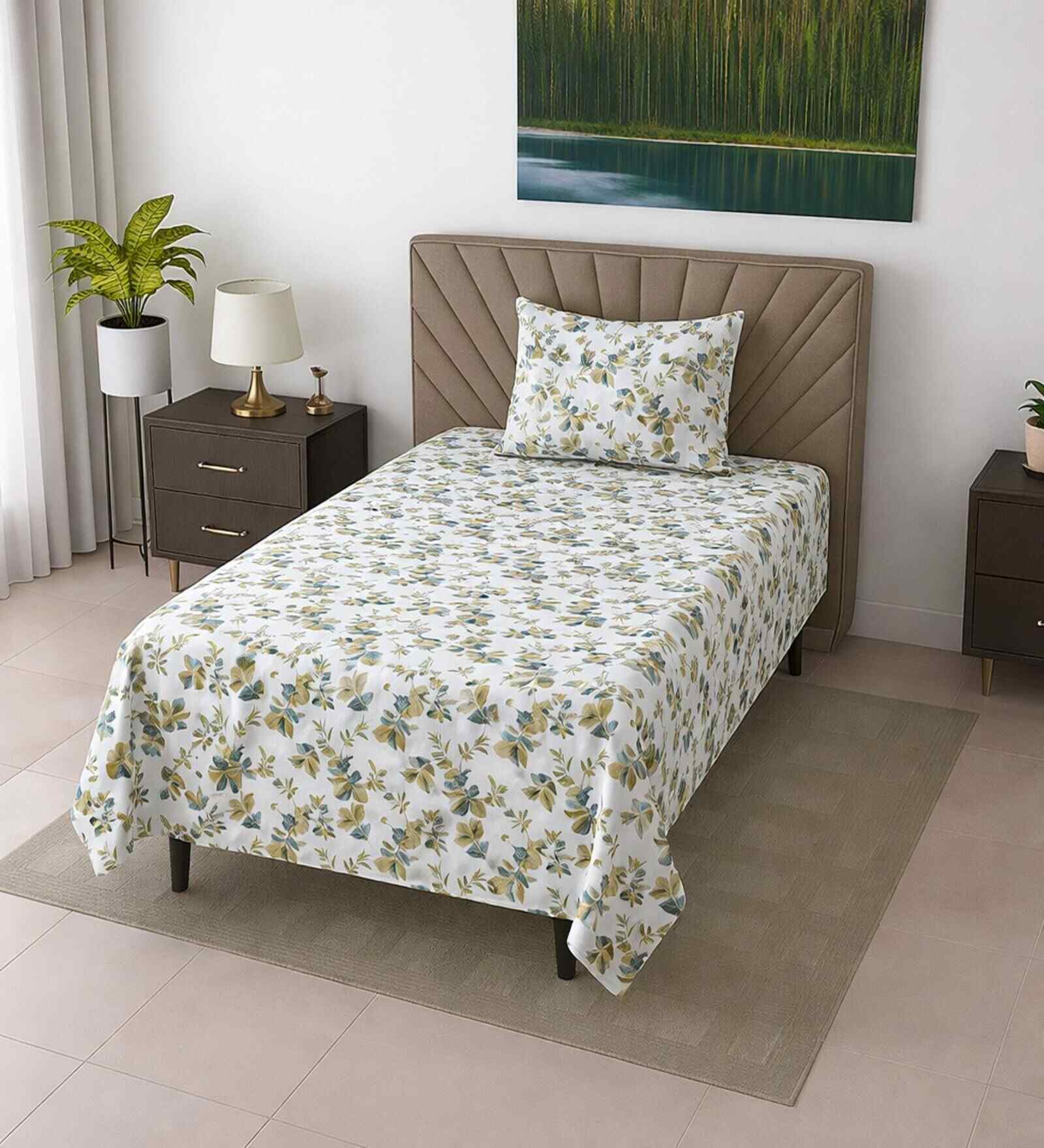White Floral 290 Tc Cotton Single Bedsheet With 1 Pillow Cover