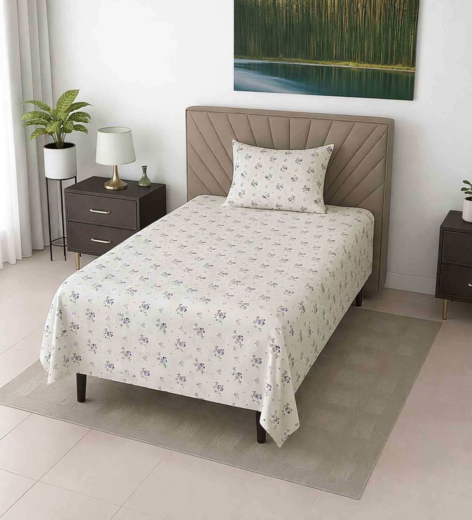 White Floral 290 Tc Cotton Single Bedsheet With 1 Pillow Cover