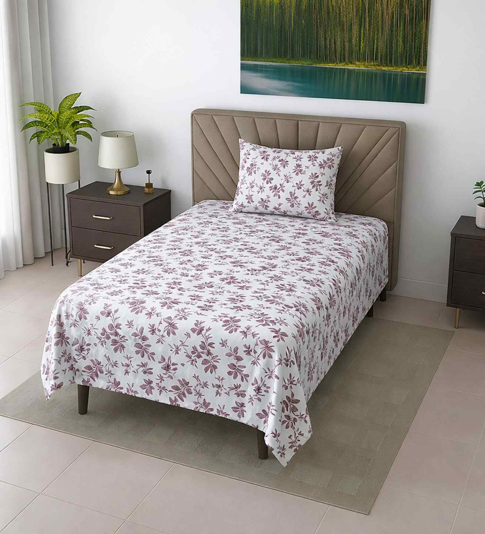 White Floral 290 Tc Cotton Single Bedsheet With 1 Pillow Cover