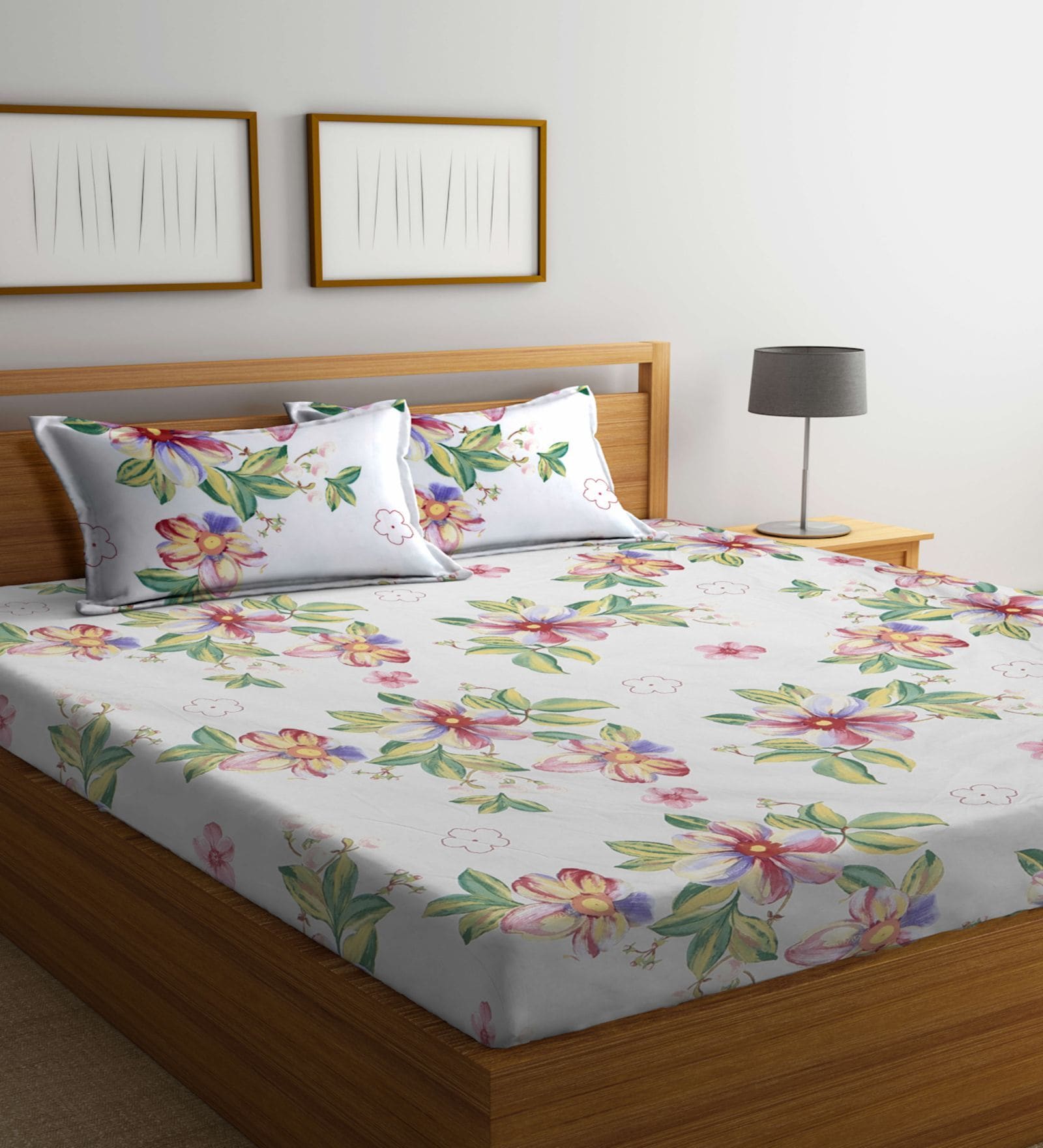White Floral 300 TC Cotton Blend Double King Size Bedsheet with 2 Pillow Covers
