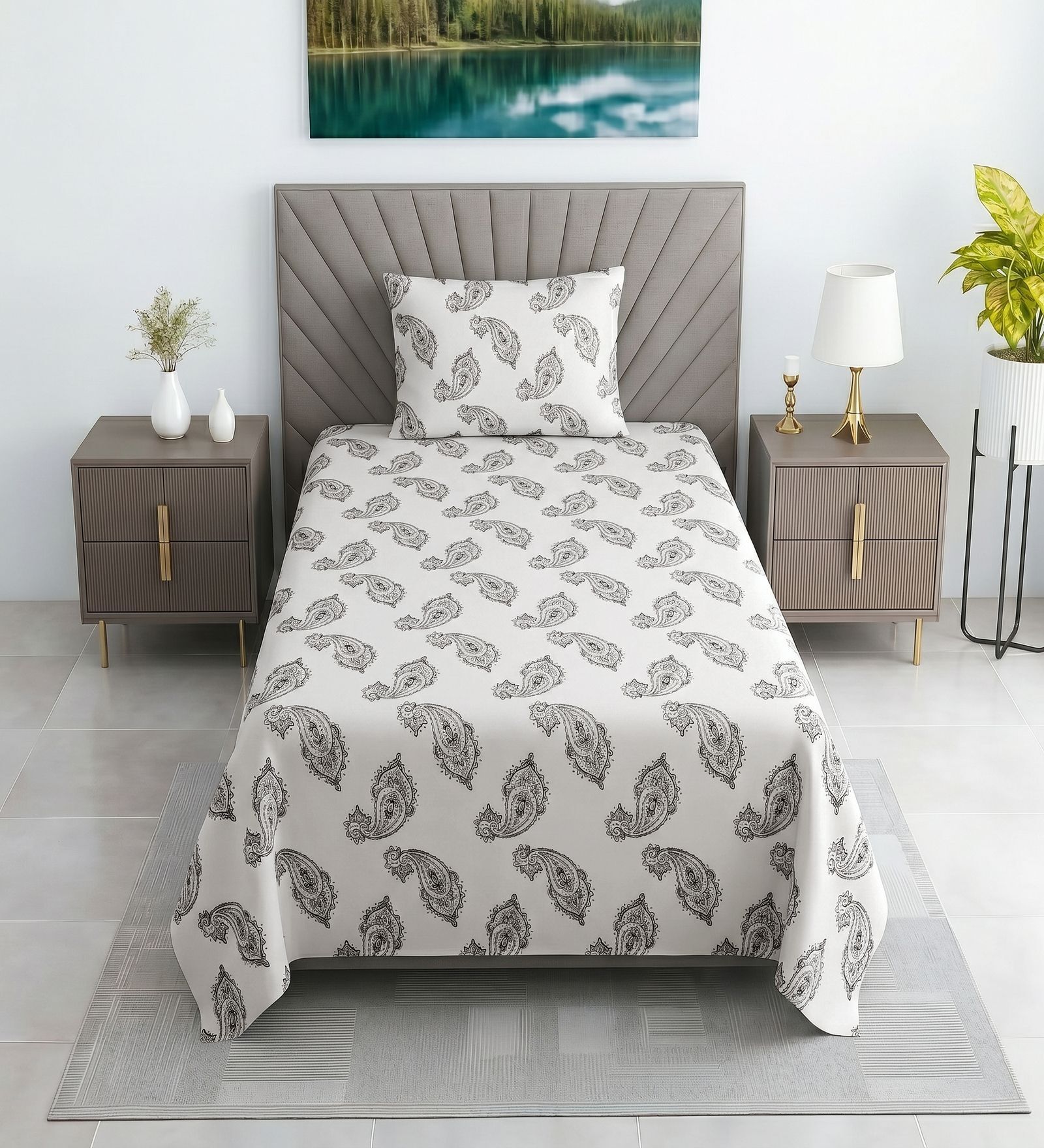 White Floral 330 TC Cotton Single Bed Size Bedsheet With 1 Pillow Cover Monochrome Collection