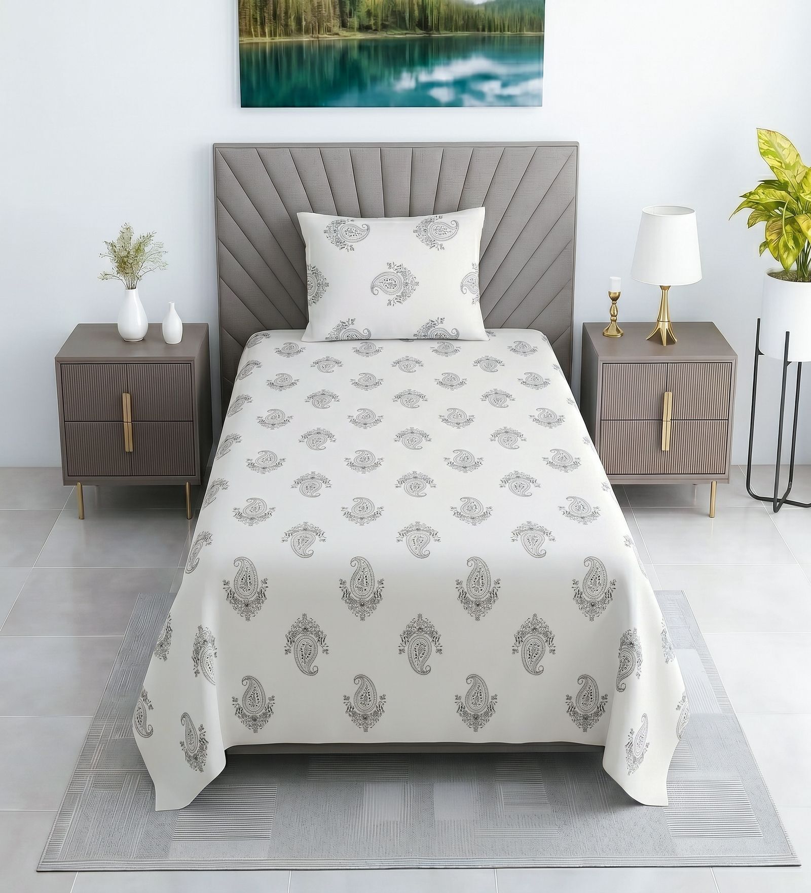 White Floral 330 TC Cotton Single Bed Size Bedsheet With 1 Pillow Cover Monochrome Collection