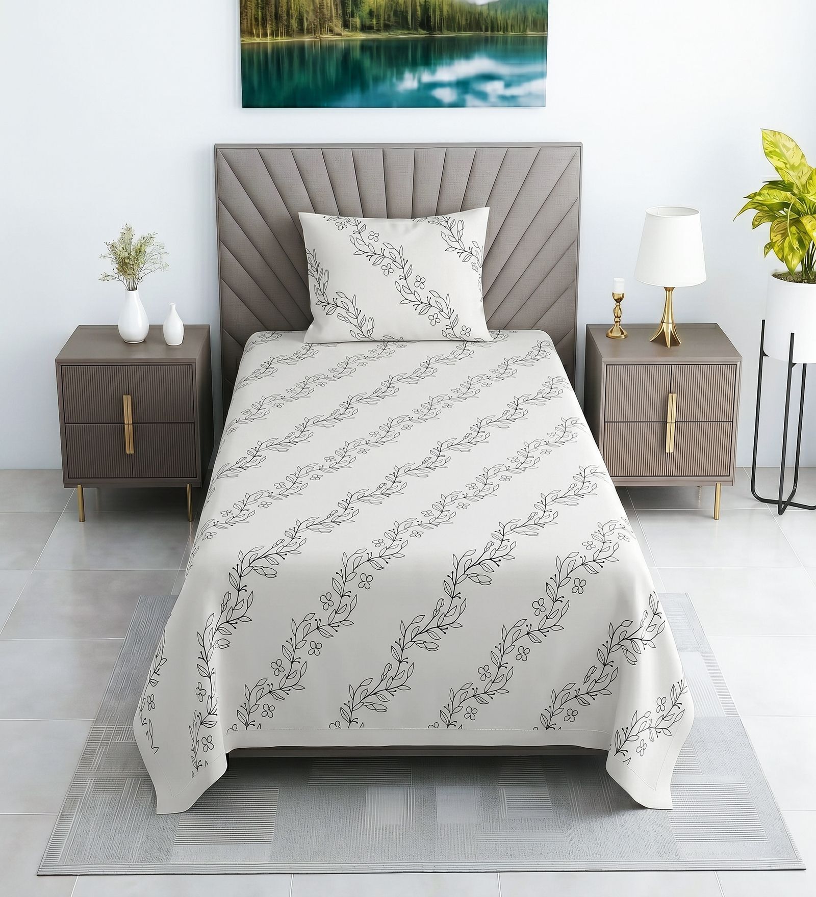 White Floral 330 TC Cotton Single Bed Size Bedsheet With 1 Pillow Cover Monochrome Collection