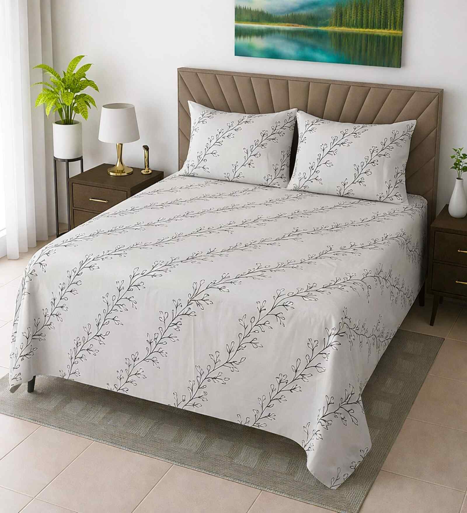 White Floral 330 Tc Cotton Super King Size Bedsheet With 2 Pillow Covers