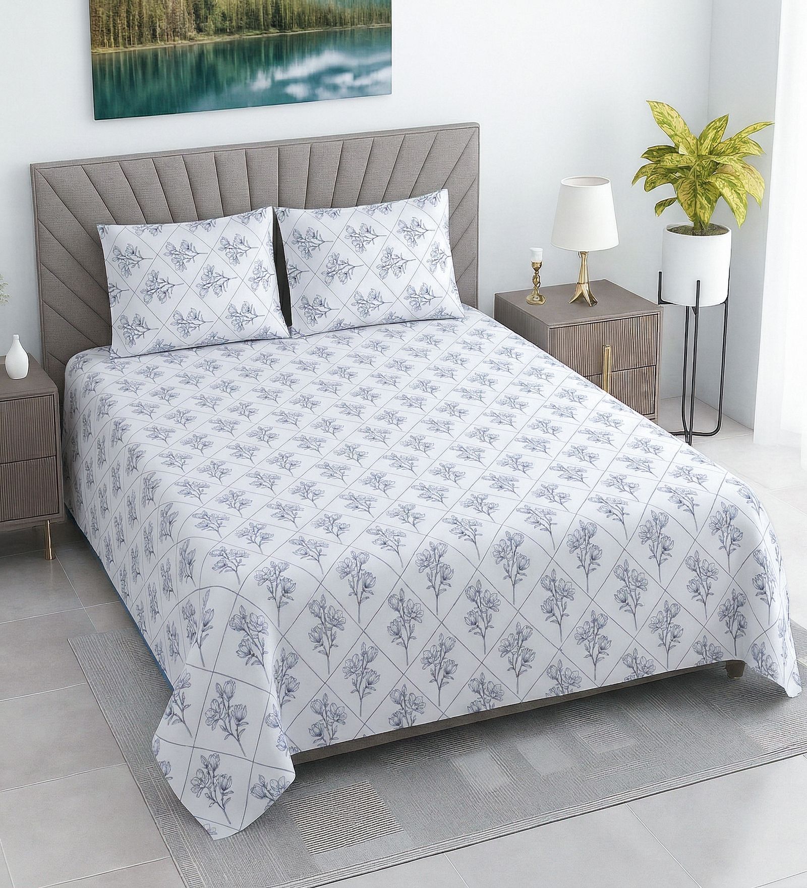 White Floral 330 TC Cotton Superking Size Bedsheet With 2 Pillow Covers