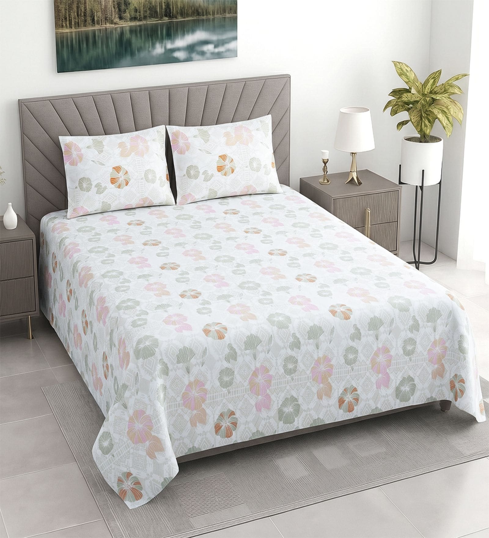 White Floral 400 TC Cotton Double Queen Size Bedsheet With 2 Pillow Covers Threads Regal Collection