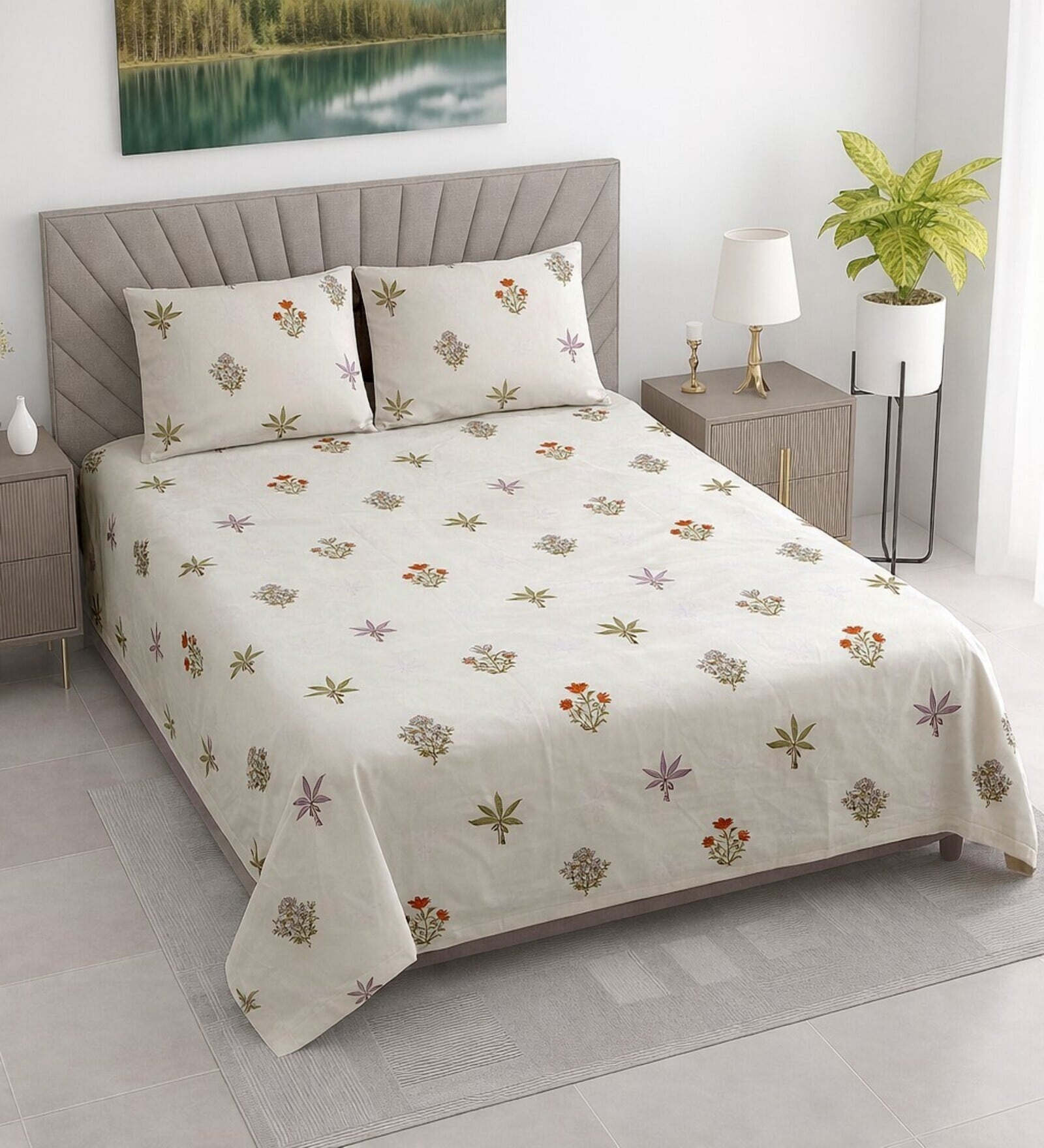 Cream Floral 400 TC Cotton Double Queen Size Bedsheet With 2 Pillow Covers