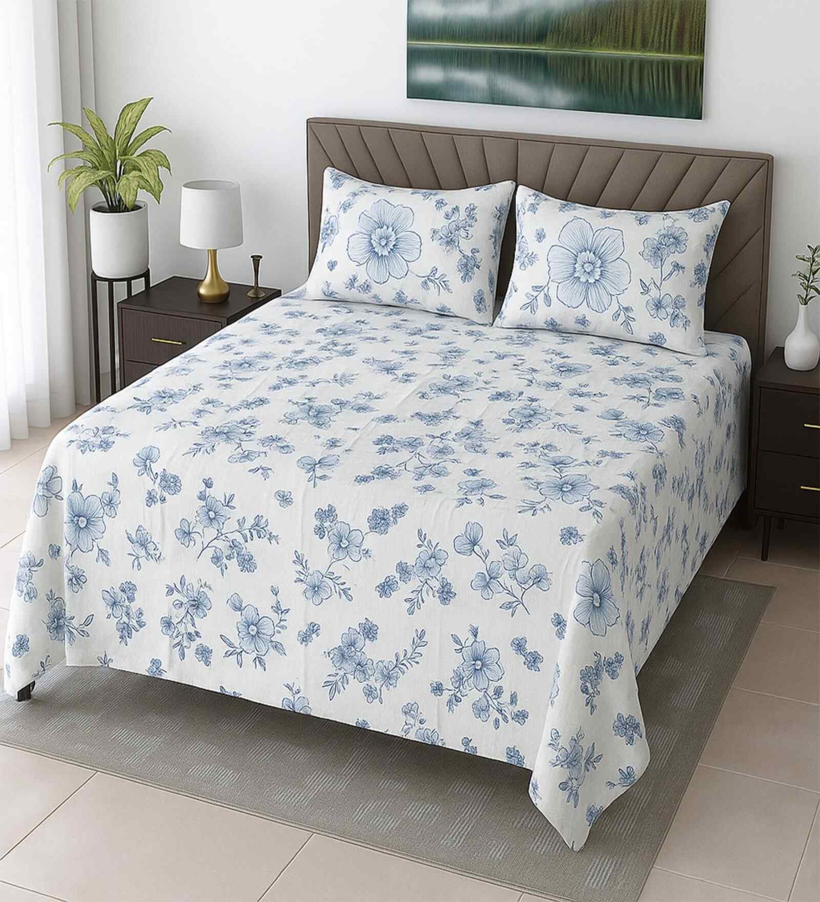 White Floral 400 TC Cotton Queen Size Bedsheet with 2 Pillow covers Essential Series Collection