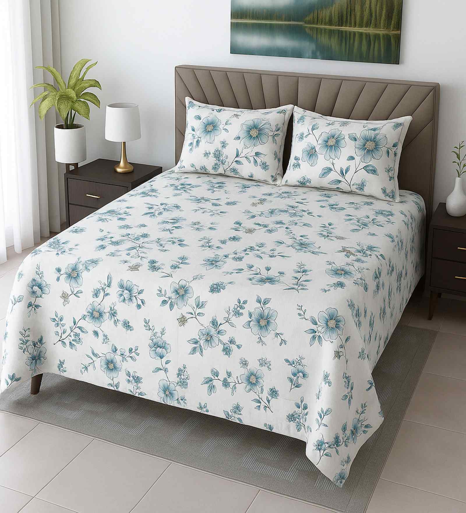 White Floral 400 TC Cotton Queen Size Bedsheet with 2 Pillow covers Essential Series Collection