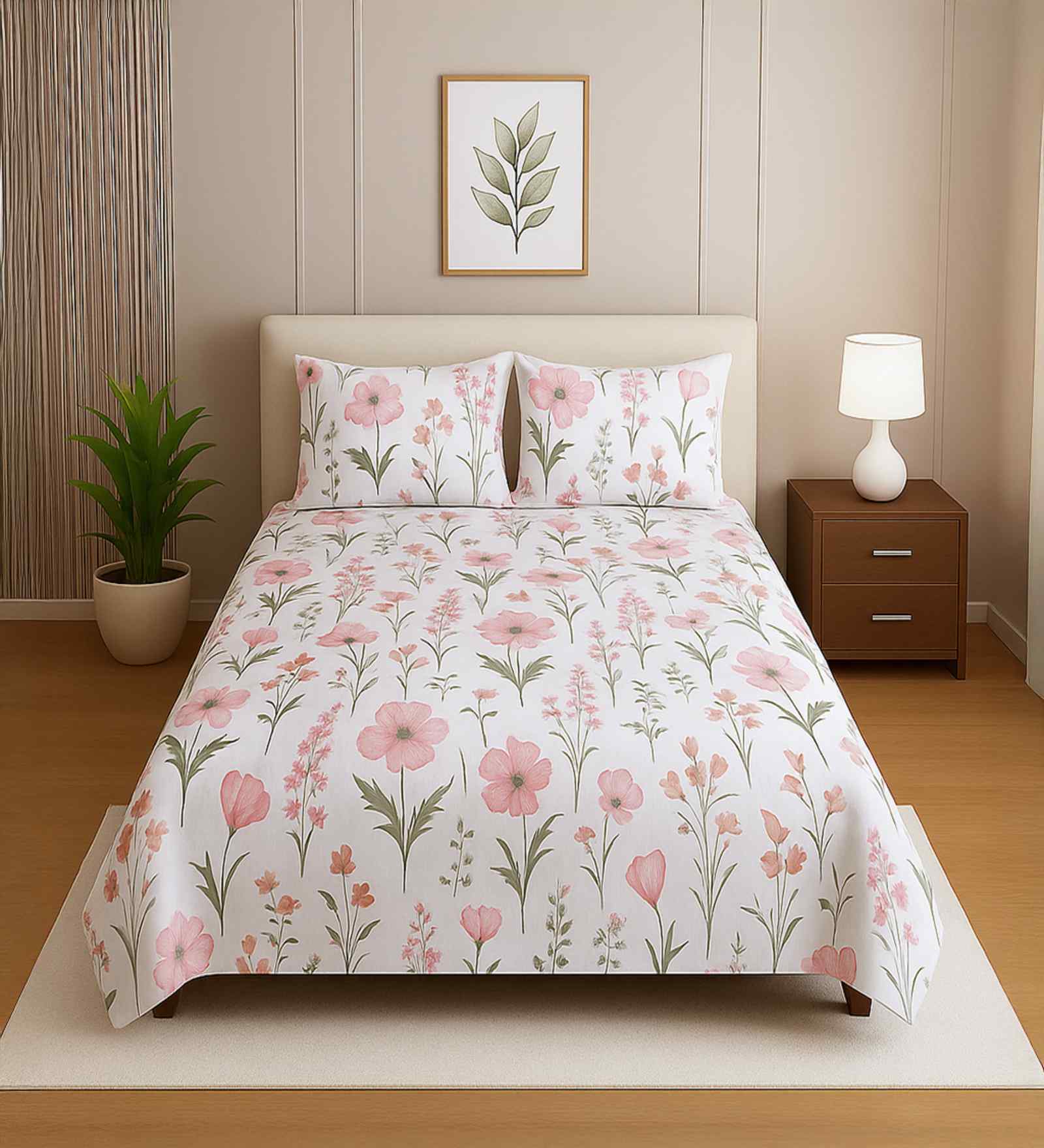 White Floral 400 TC Cotton Single Bed Size Bedsheet wih 2 Pillow cover Essential Series Collection