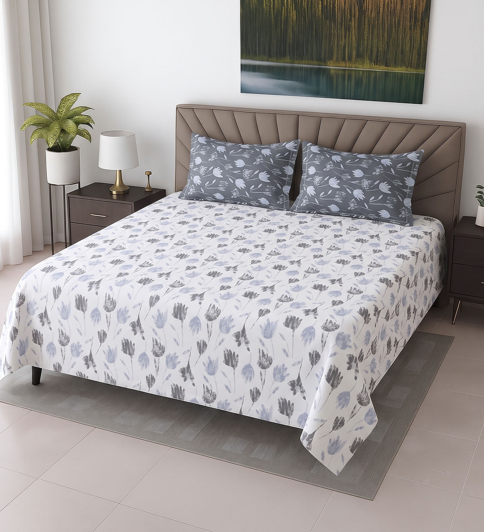White Floral 400 TC Cotton Super King Bedsheet with 2 Pillow Covers Luxury Series Collection