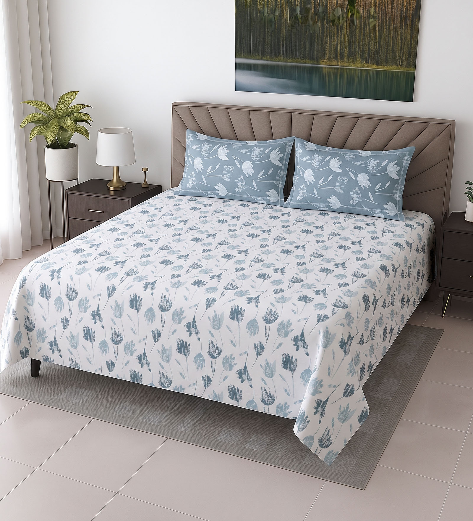 White Floral 400 TC Cotton Super King Bedsheet with 2 Pillow Covers Luxury Series Collection