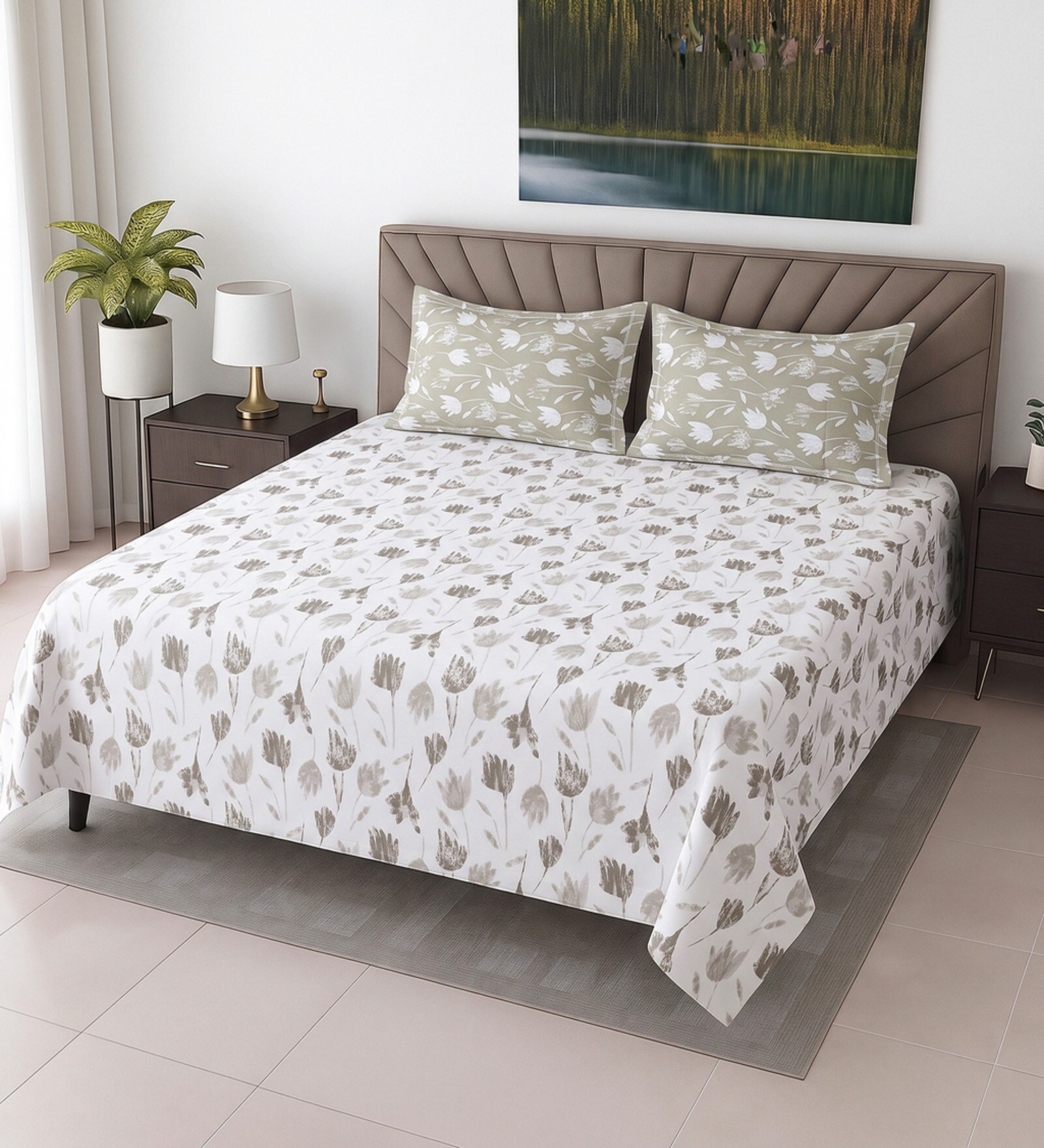 White Floral 400 TC Cotton Super King Bedsheet with 2 Pillow Covers Luxury Series Collection