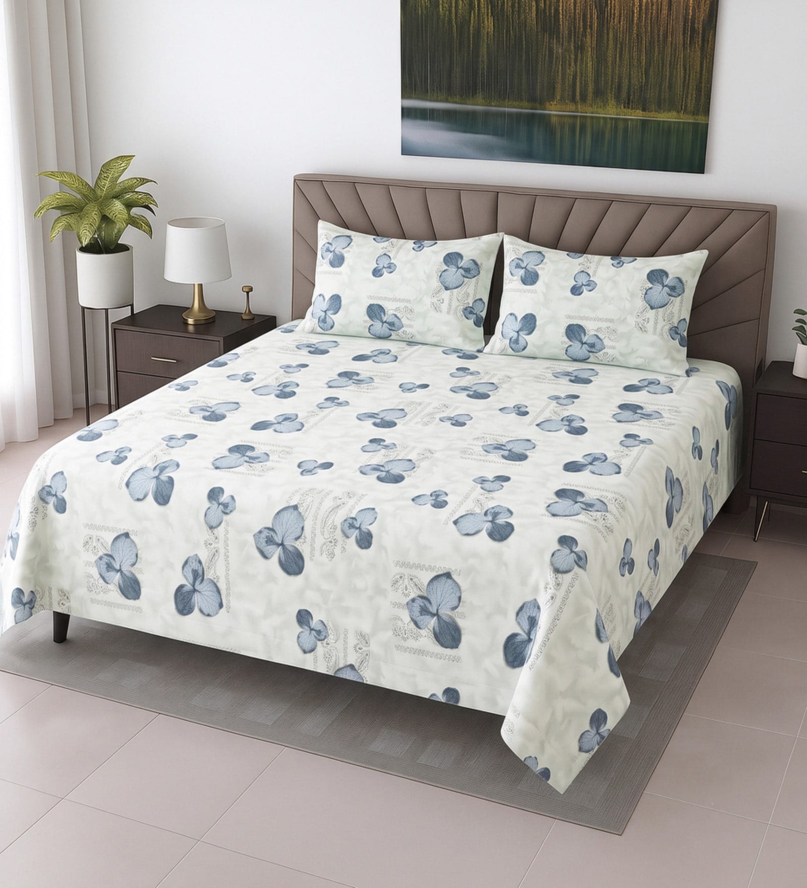 Blue Floral 400 TC Cotton Super King Bedsheet with 2 Pillow Covers Luxury Series Collection
