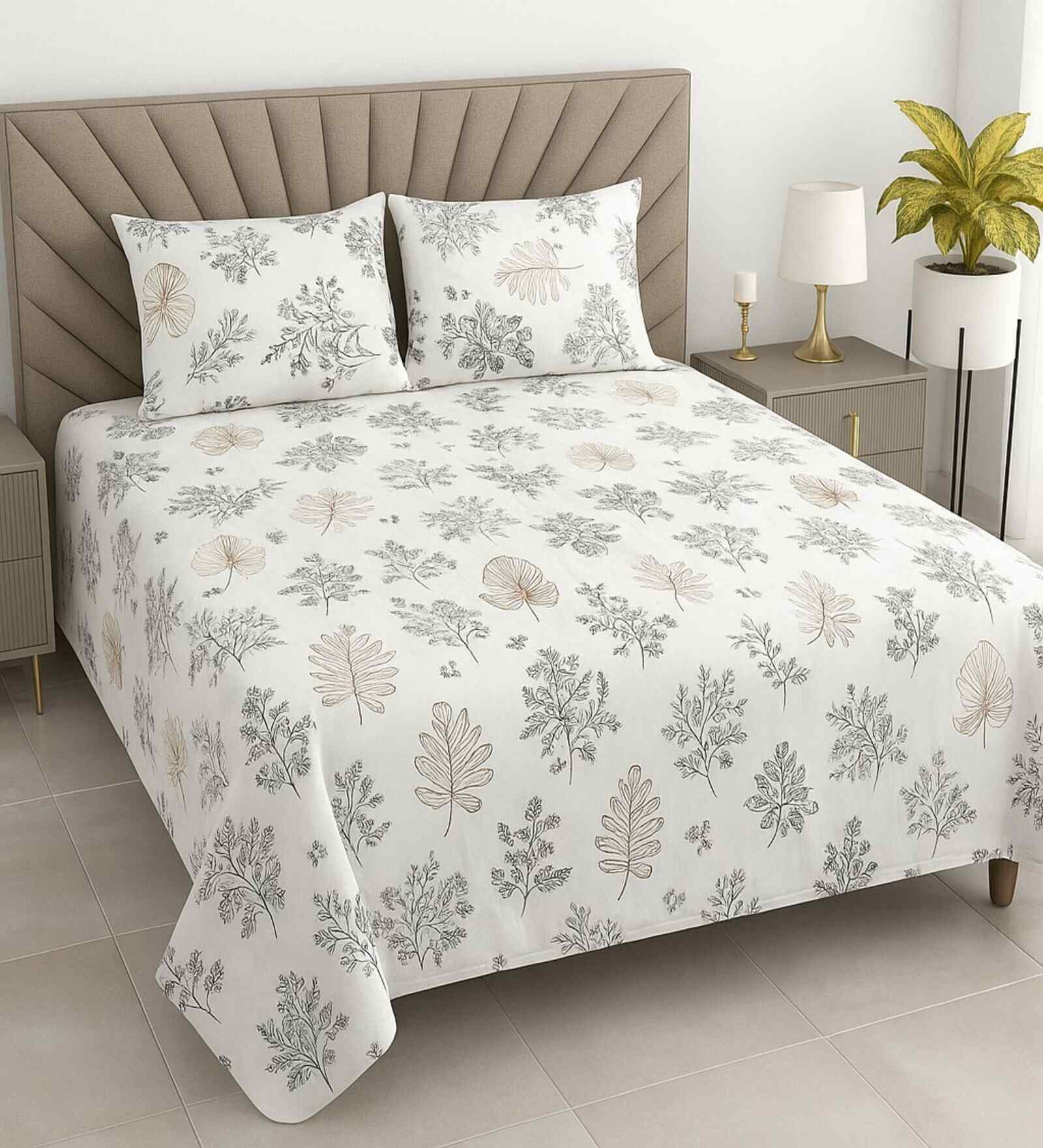 White Floral 400 TC Cotton Super King Flat Bedsheet with 2 Pillow Covers Essential Collection