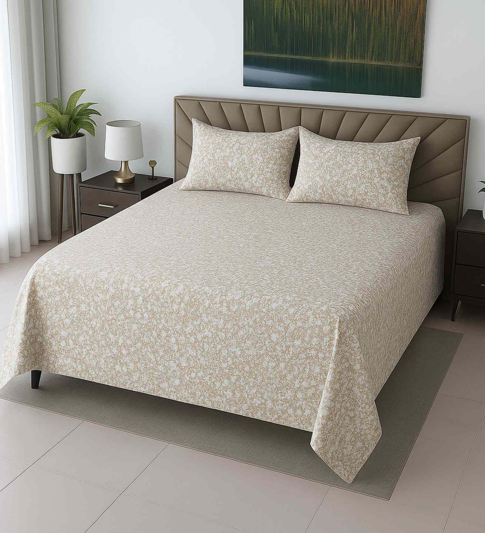 White Floral 400 TC Cotton Super King Size Bedsheet with 2 Pilllow covers Essential Series Collection