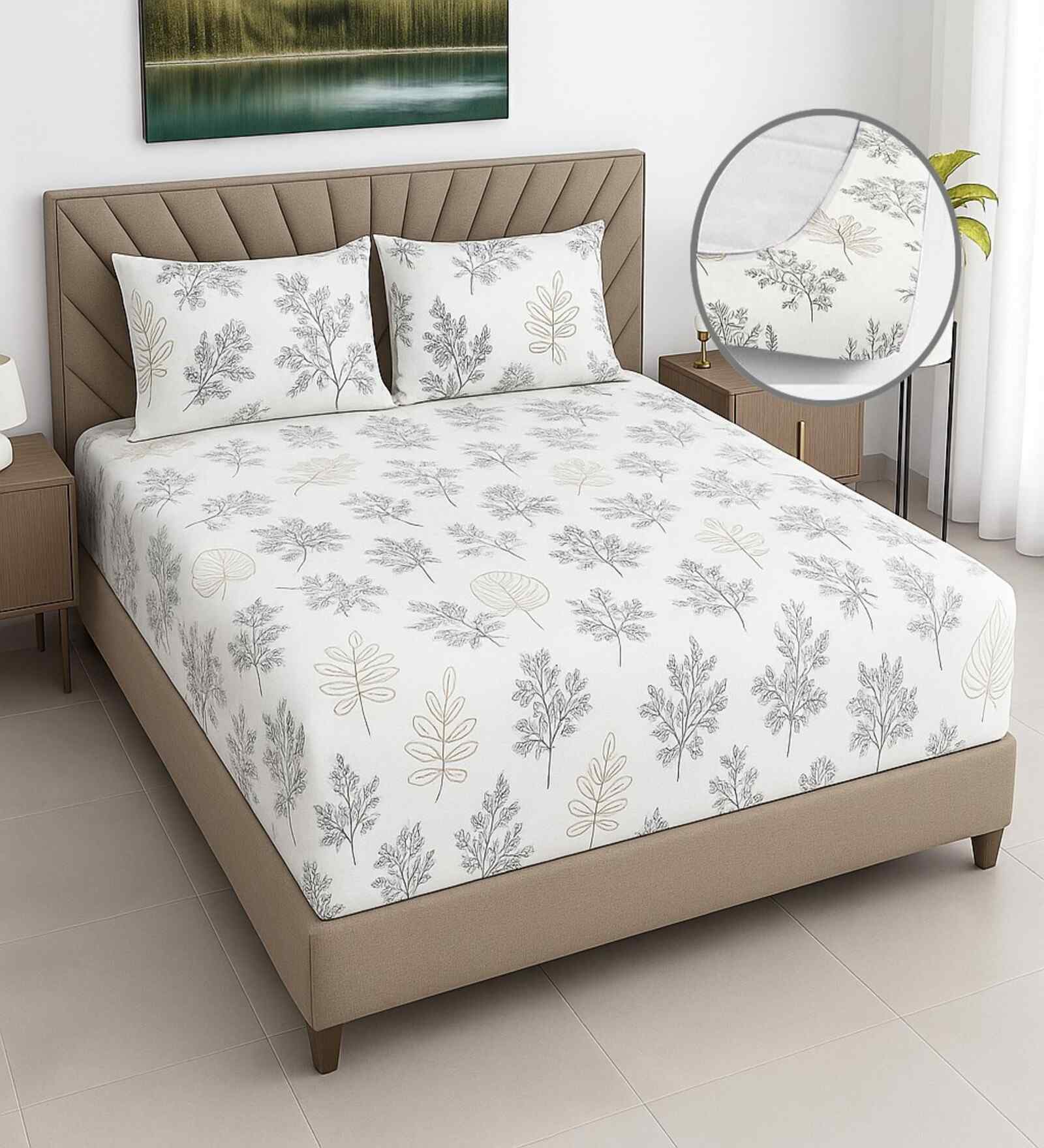 White Floral 400 TC Cotton Super King Size Bedsheet with 2 Pilllow covers Essential Series Collection