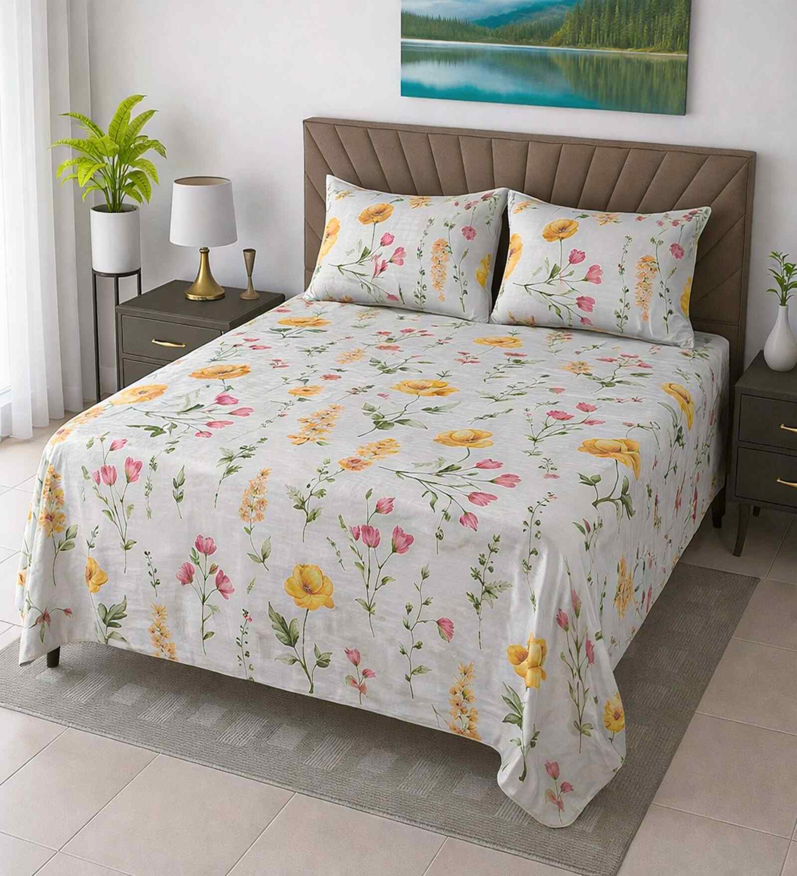 White Floral 400 Tc Cotton Super King Size Bedsheet With 2 Pillow Covers