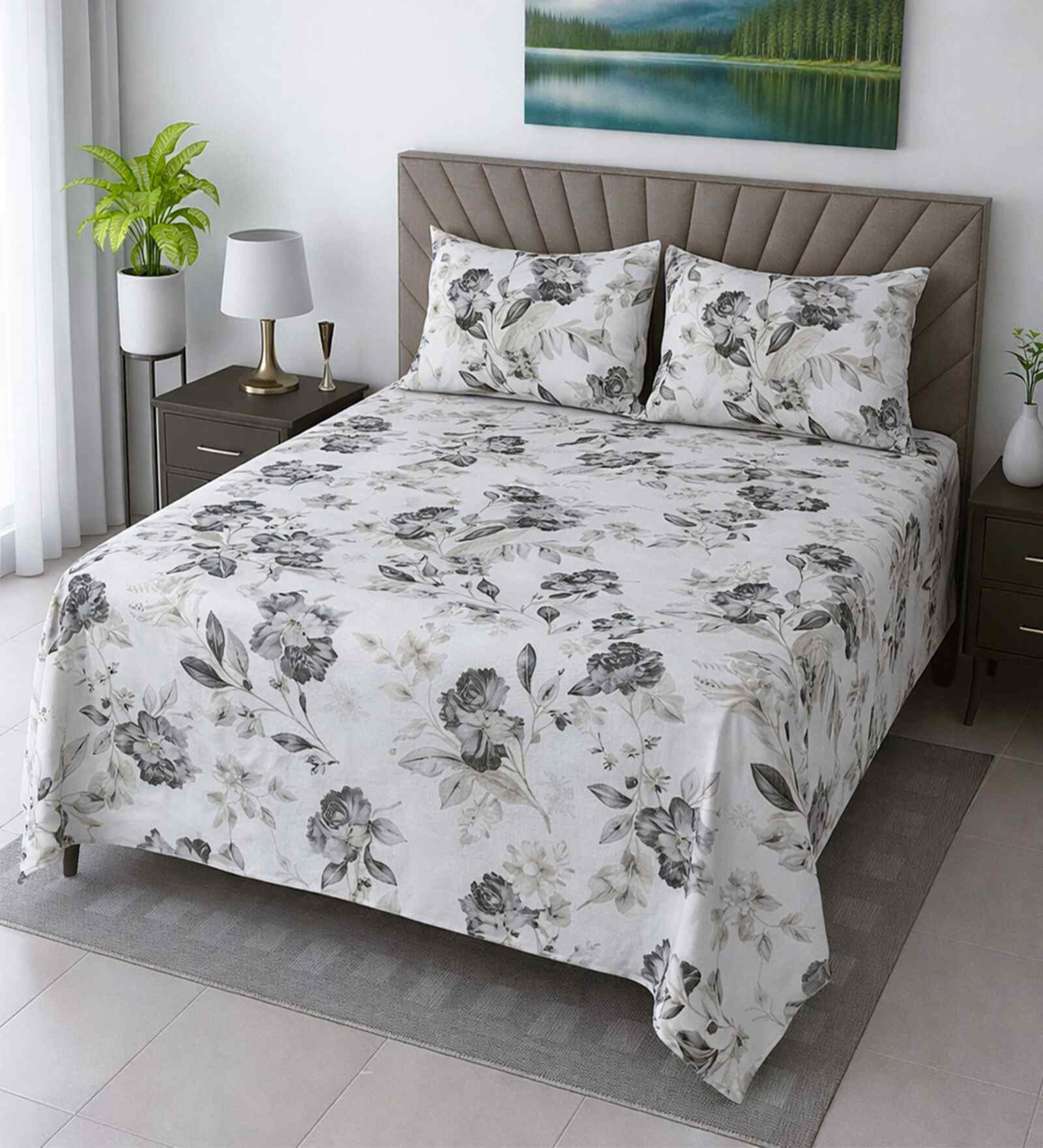 White Floral 400 Tc Cotton Super King Size Bedsheet With 2 Pillow Covers