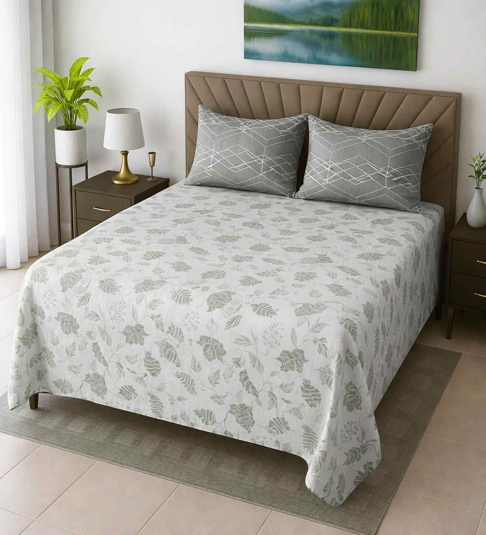 White Floral 400 Tc Cotton Super King Size Bedsheet With 2 Pillow Covers