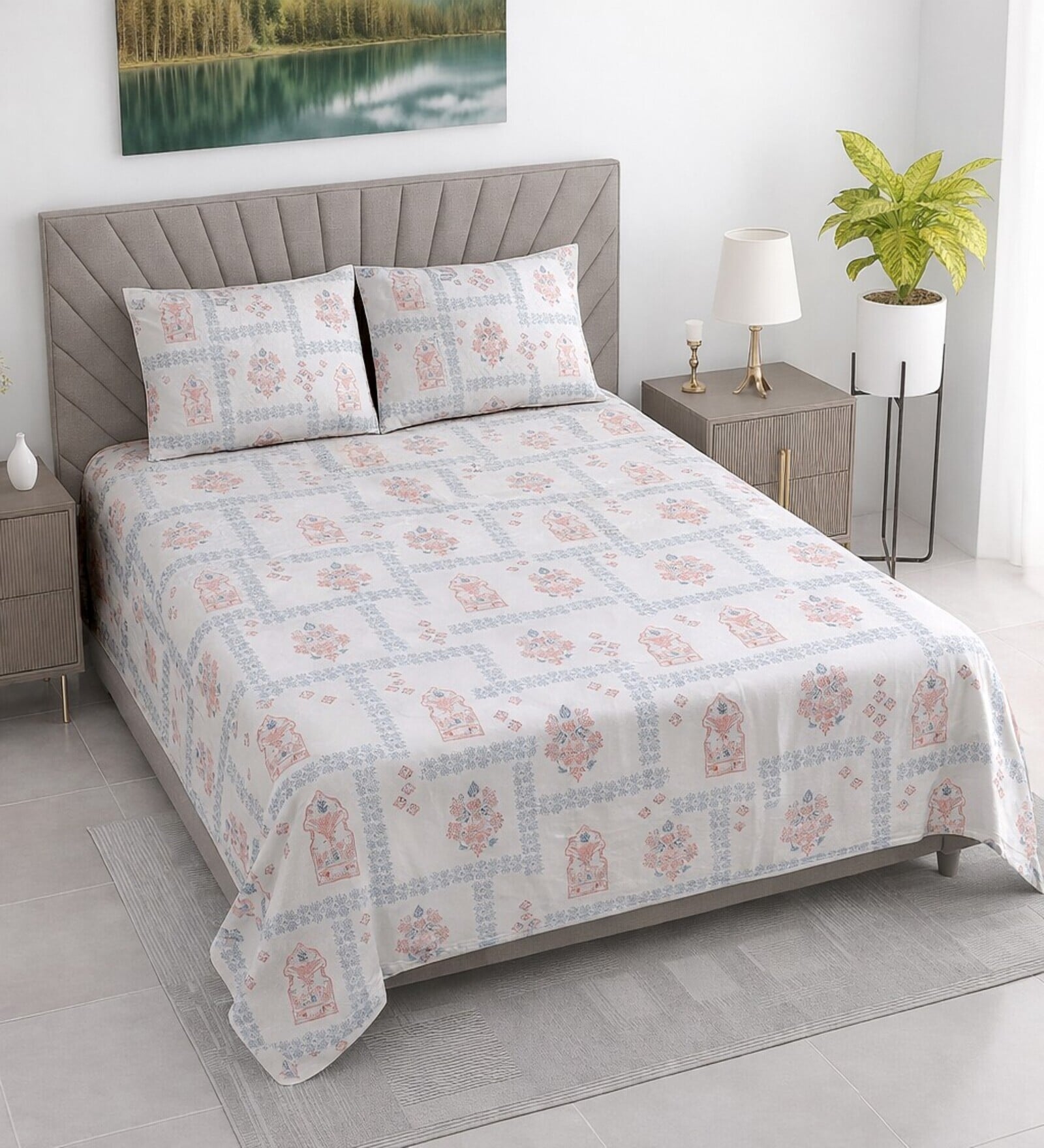 White Floral 400 TC Cotton Superking Size Bedsheet With 2 Pillow Covers