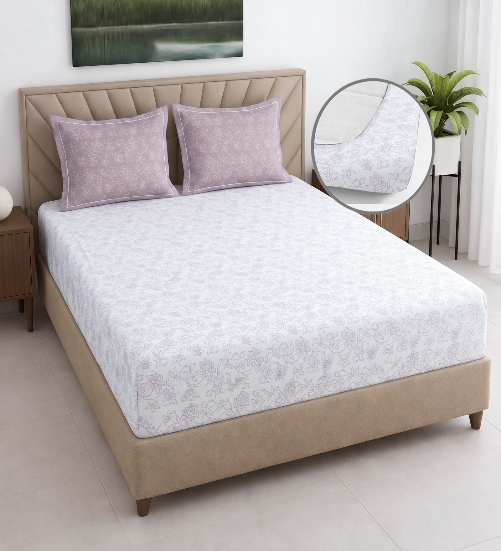 White Floral 400 TC Cotton Superking Size Fitted Bedsheet With 2 Pillow Covers