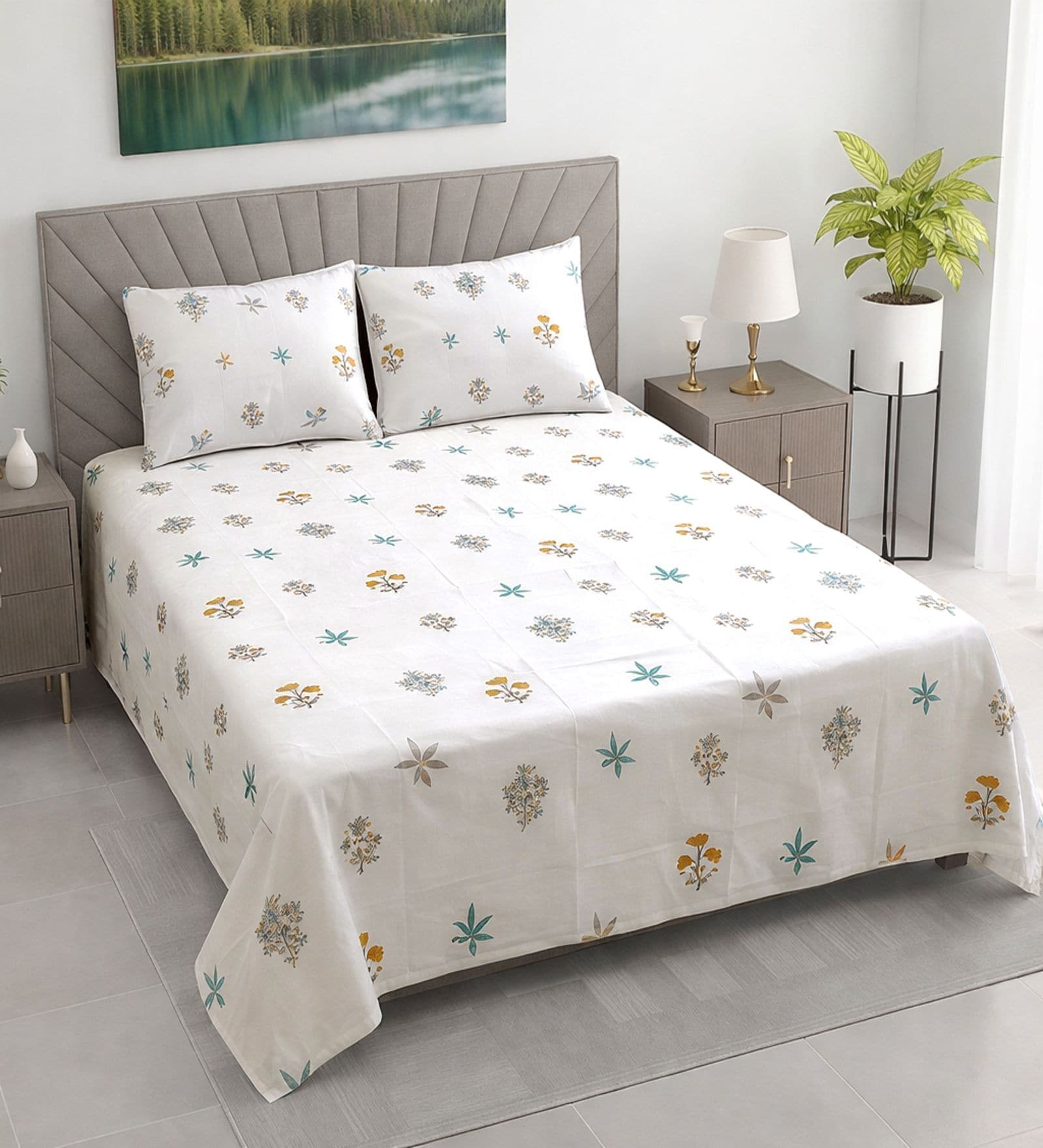 White Floral 400 TC Cotton Superking Size Flat Bedsheet With 2 Pillow Covers