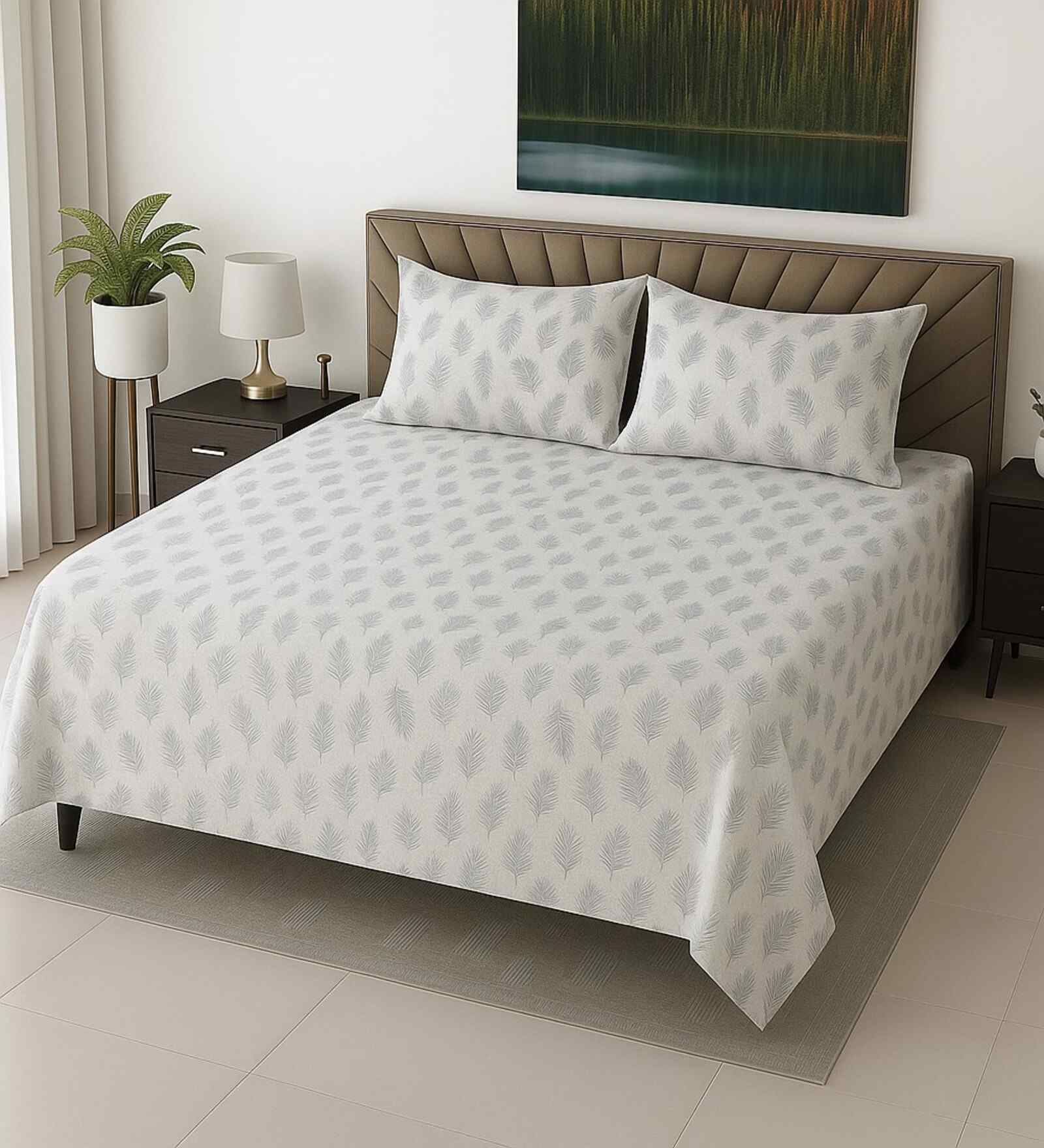 White Floral 400 TC Cotton SuperKing Sized Double Bedsheet with 2 Pillow Covers Luxury Series Collection