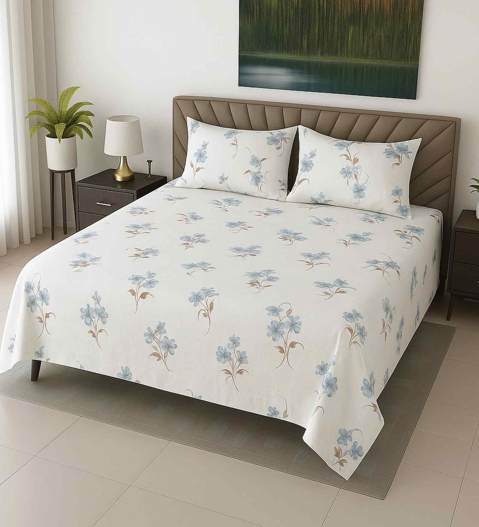White Floral 400 TC Cotton SuperKing Sized Double Bedsheet with 2 Pillow Covers Luxury Series Collection