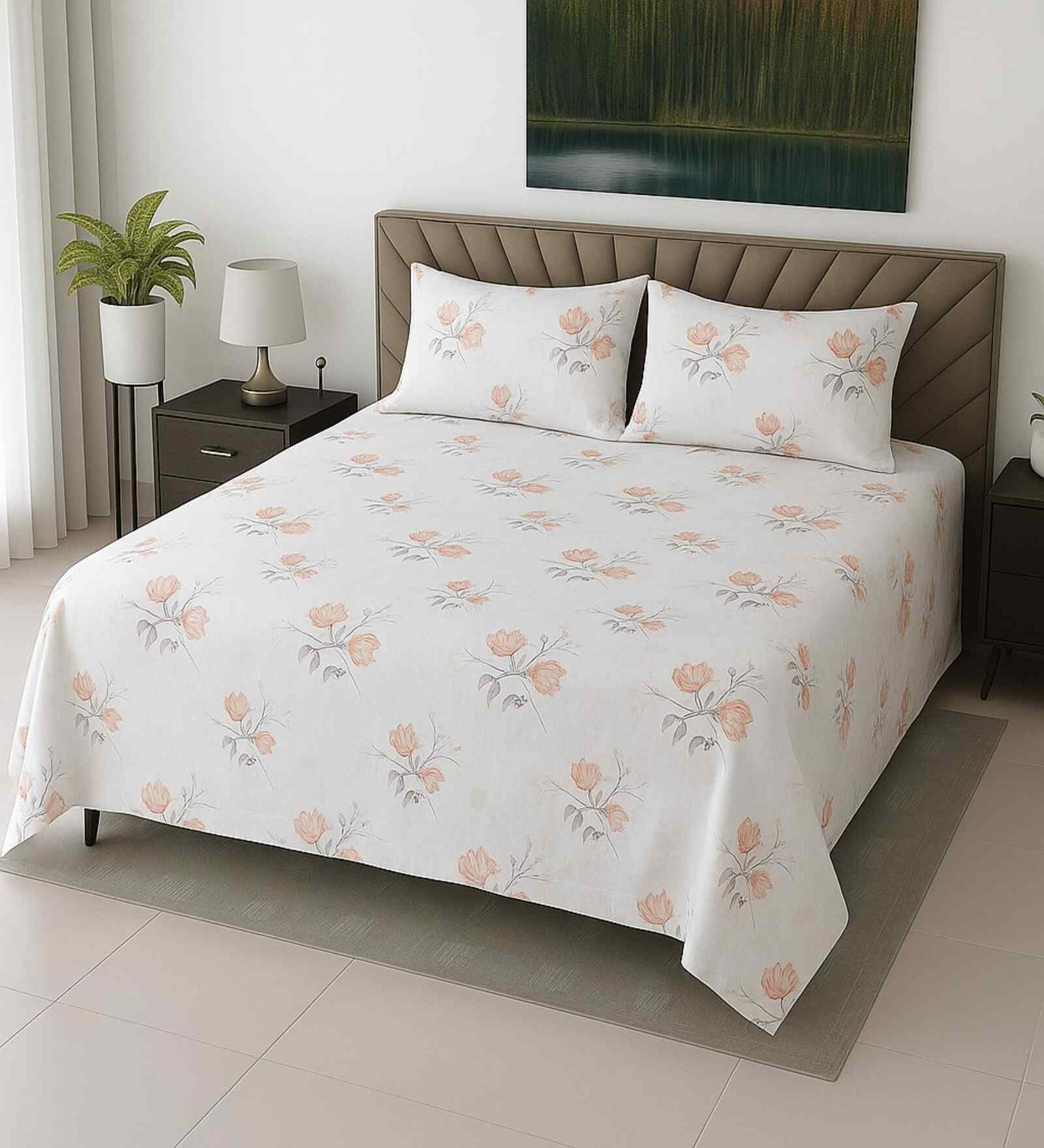 White Floral 400 TC Cotton SuperKing Sized Double Bedsheet with 2 Pillow Covers Luxury Series Collection