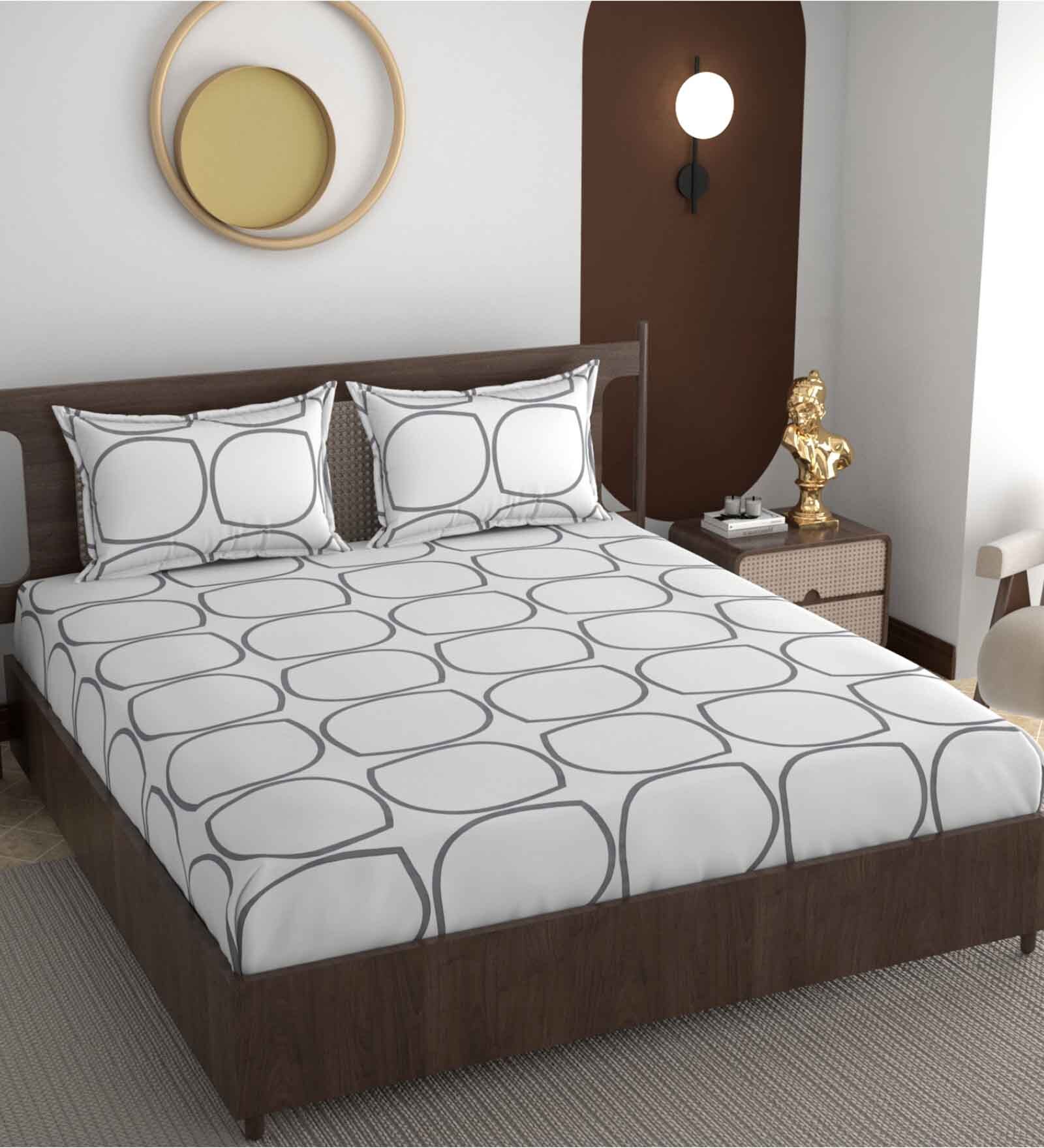 White Floral Glace Cotton Queen Fitted Bed Sheets with 2 Pillow Covers (240 tc)