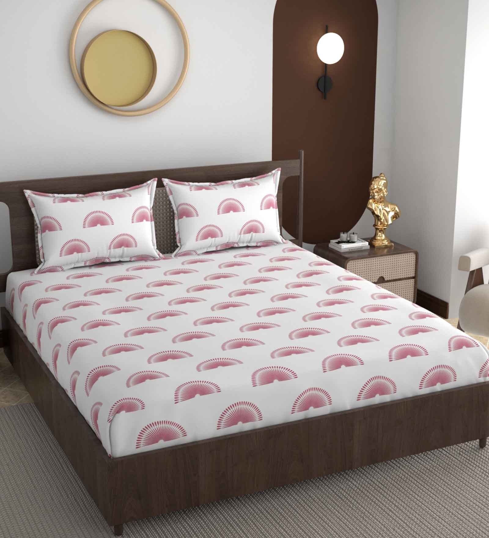 White Floral Glace Cotton Queen Flat Bed Sheets with 2 Pillow Covers (240 tc)